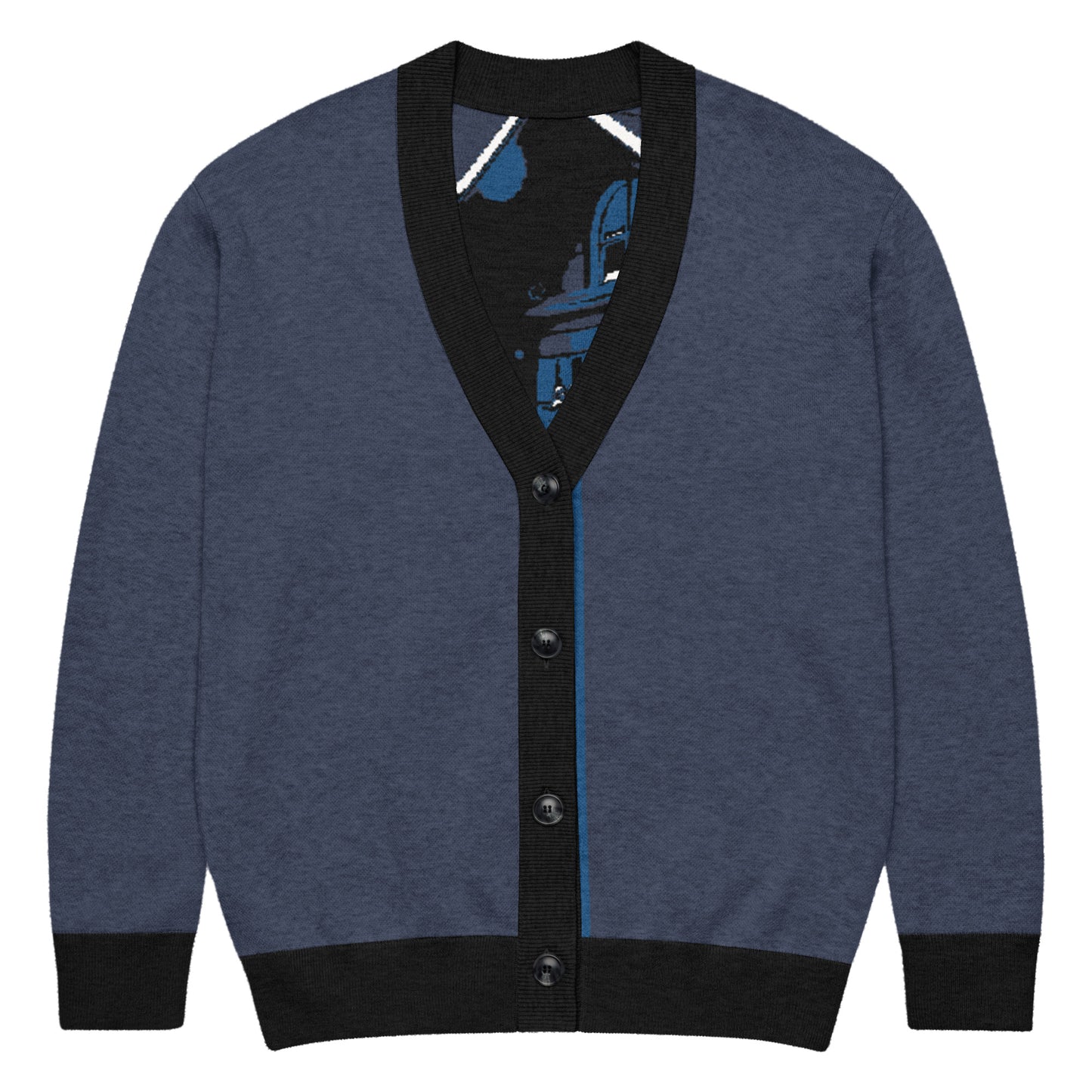 Blue and black knitted cardigan with button closure, featuring a faith-inspired design from Knitted Cardigan – Porch Vibes, blending melanin-rich imagery with purpose-driven messaging.