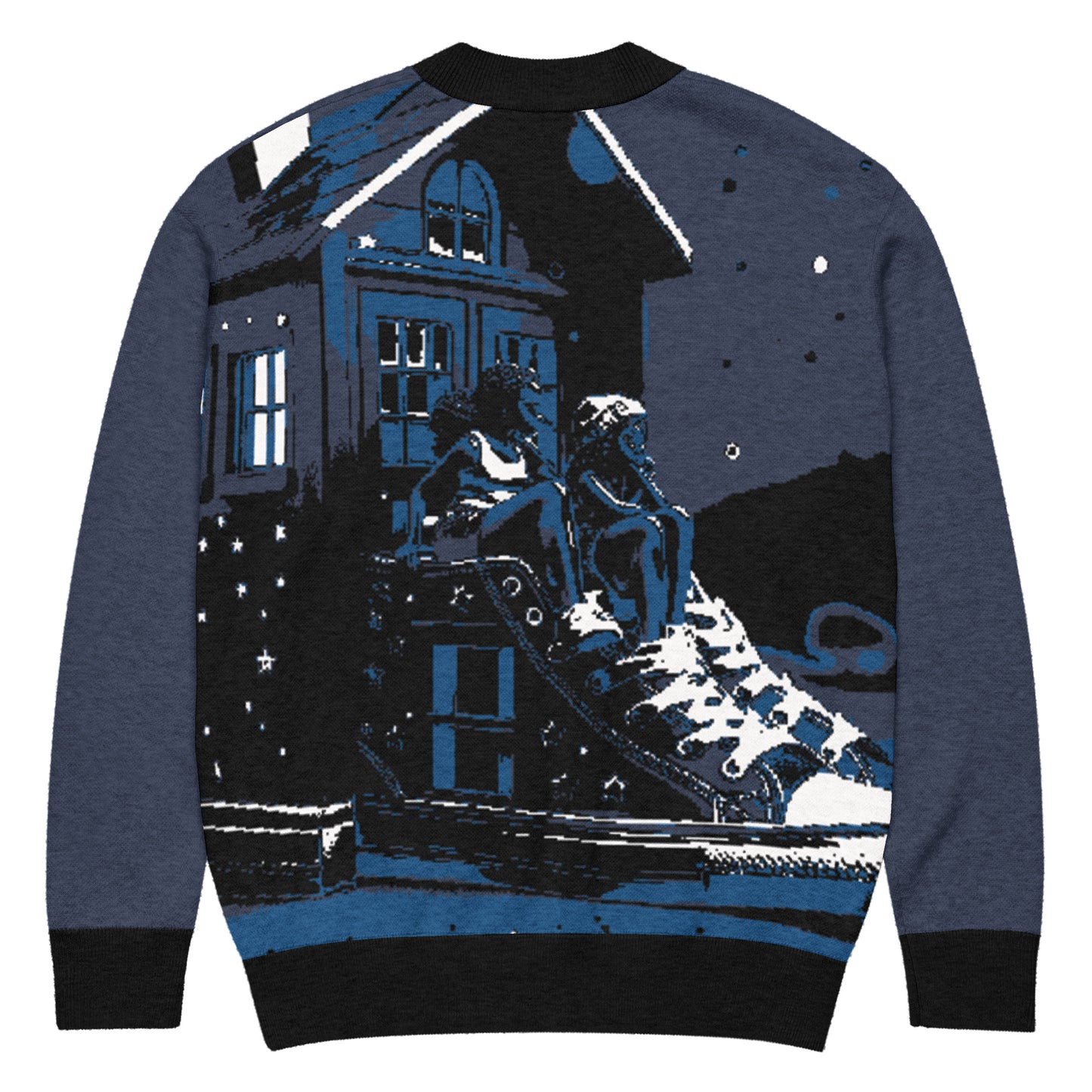 Knitted Cardigan – Porch Vibes featuring a nighttime porch scene with two figures sitting on a giant sneaker, blending faith-inspired apparel with melanin-rich imagery and purpose-driven messaging.