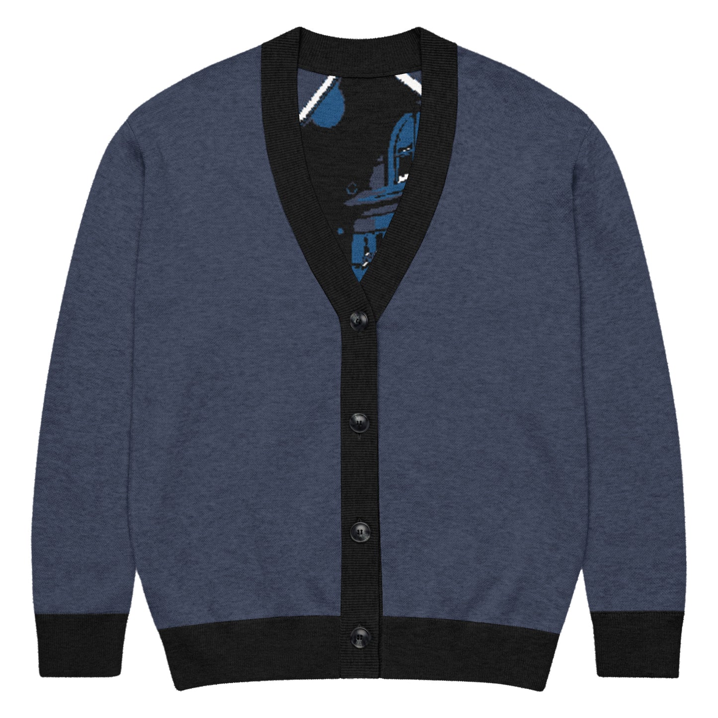 Knitted Cardigan – Porch Vibes in blue with black trim, featuring a cozy design perfect for faith-inspired apparel lovers embracing melanin-rich imagery and purpose-driven messaging.