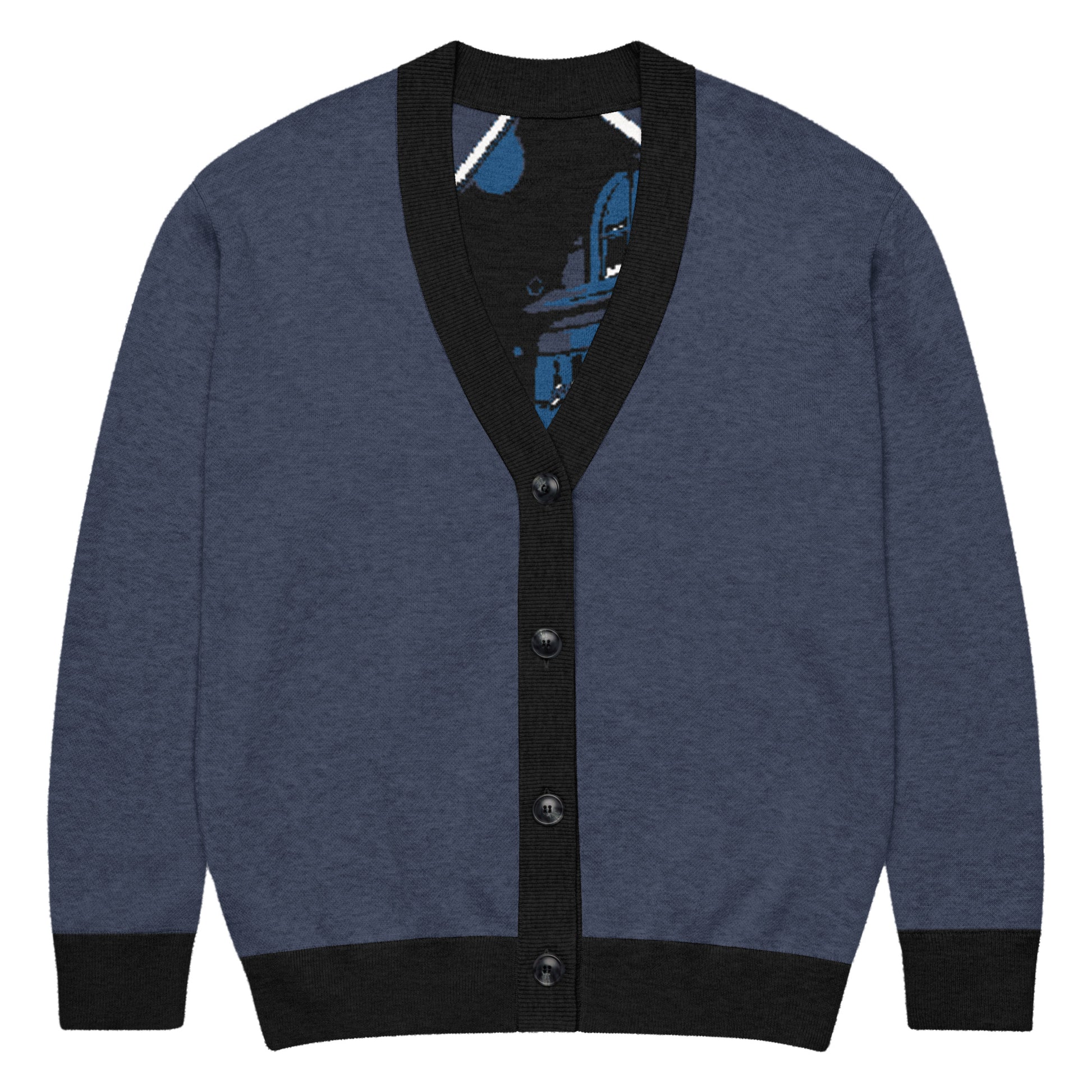 Knitted Cardigan – Porch Vibes in blue with black trim, featuring a cozy design perfect for faith-inspired apparel lovers embracing melanin-rich imagery and purpose-driven messaging.