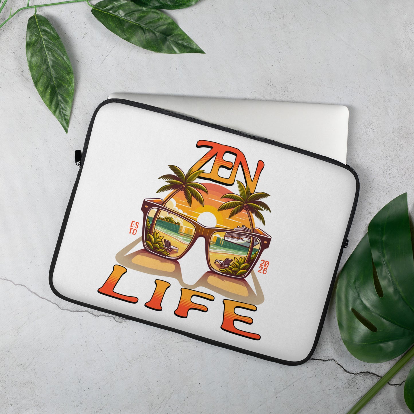 Zen Life Laptop Sleeve with a colorful design featuring palm trees, a sunset, and reflective sunglasses, evoking a relaxing beach vibe on a white background.