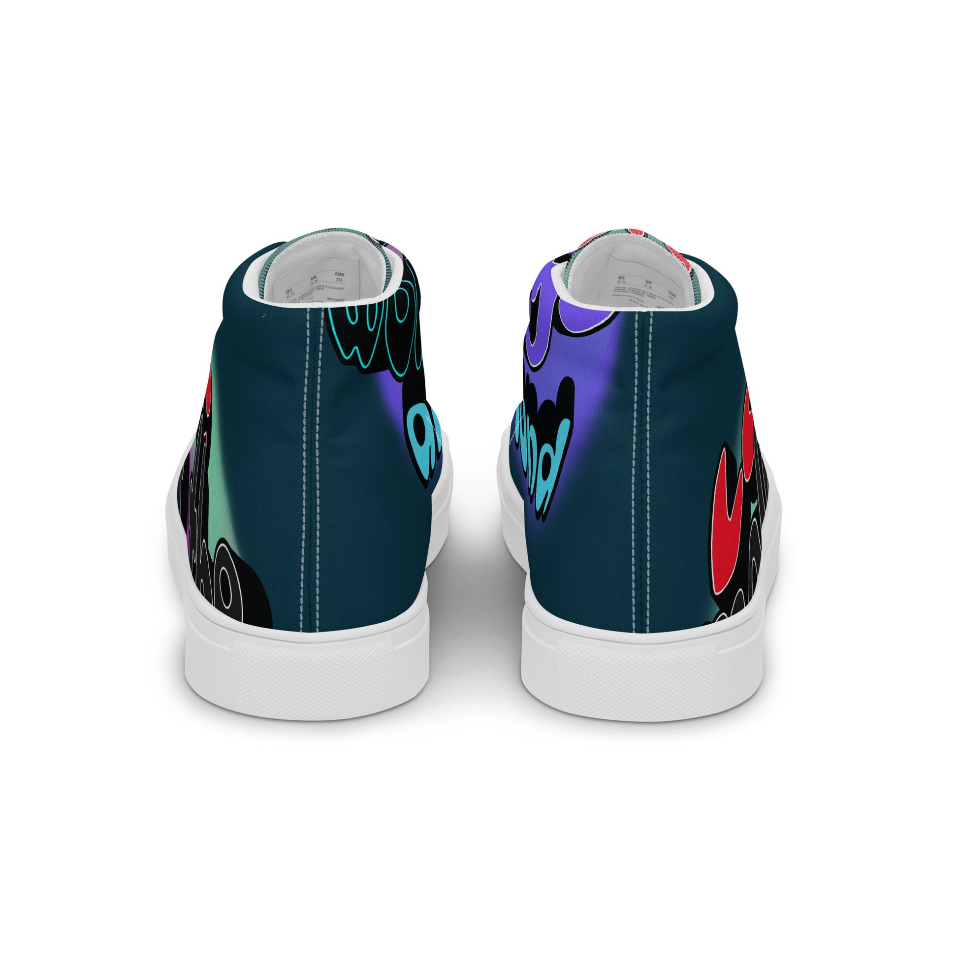 Back view of Men's High Top Sneakers – Graffiti featuring vibrant graffiti-style designs in blue, purple, red, and black on a white sole, blending street art with faith-inspired style.