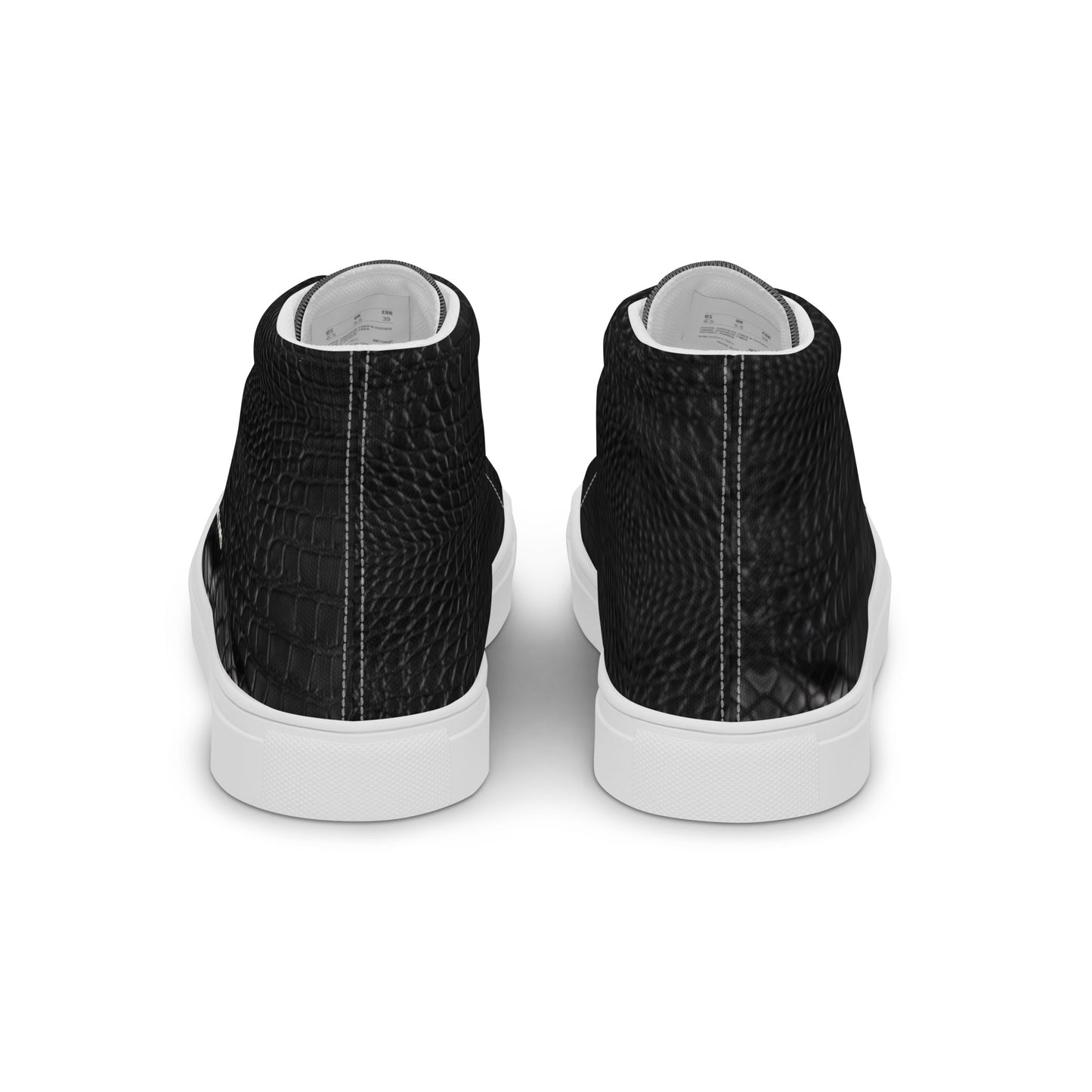 Back view of Black Leather Look Men's High Top Sneakers featuring textured black material and white soles, reflecting faith-inspired apparel with purpose-driven messaging.
