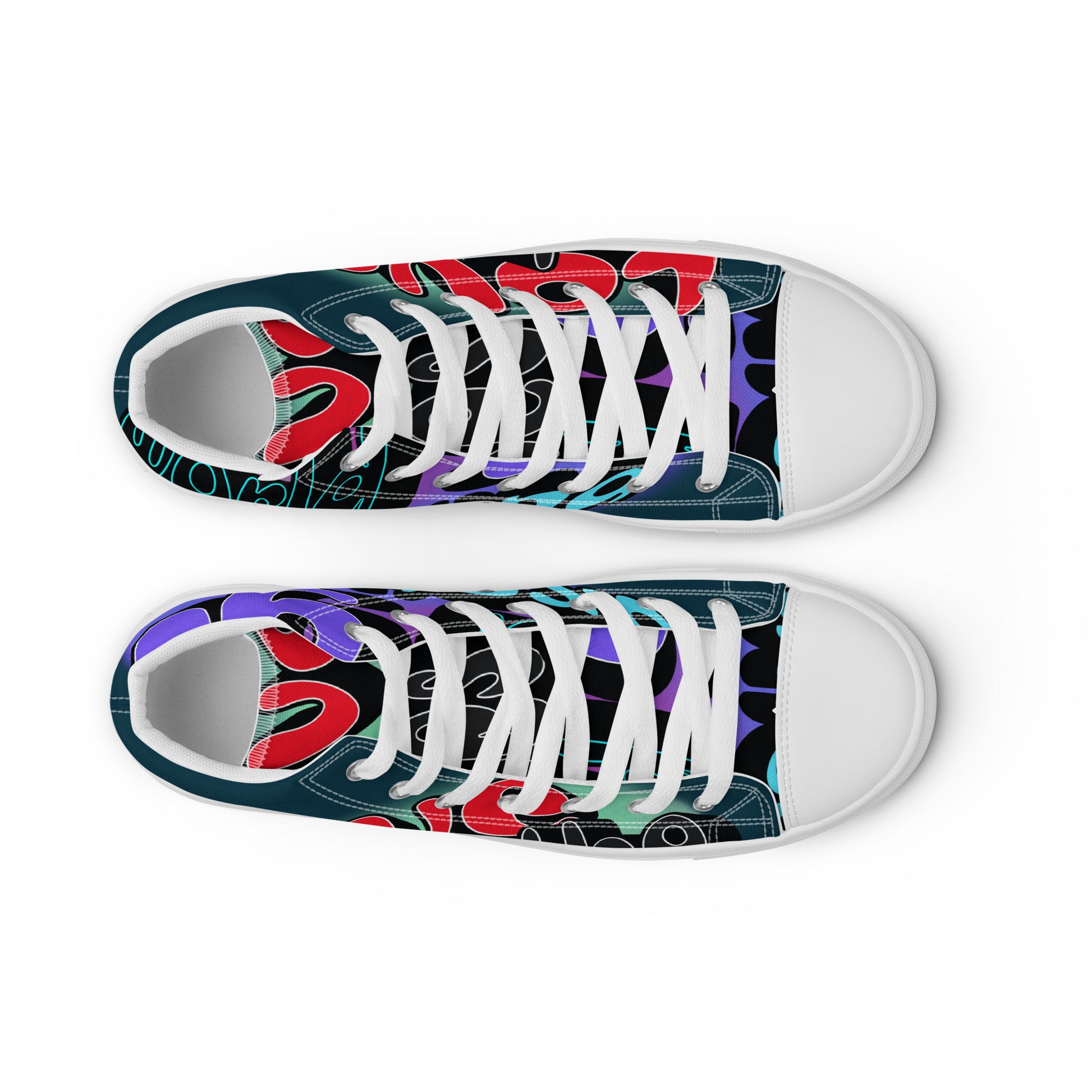 Pair of Men's High Top Sneakers – Graffiti with colorful abstract patterns featuring red, purple, and teal accents on a white canvas base, combining style with faith-inspired, purpose-driven messaging.