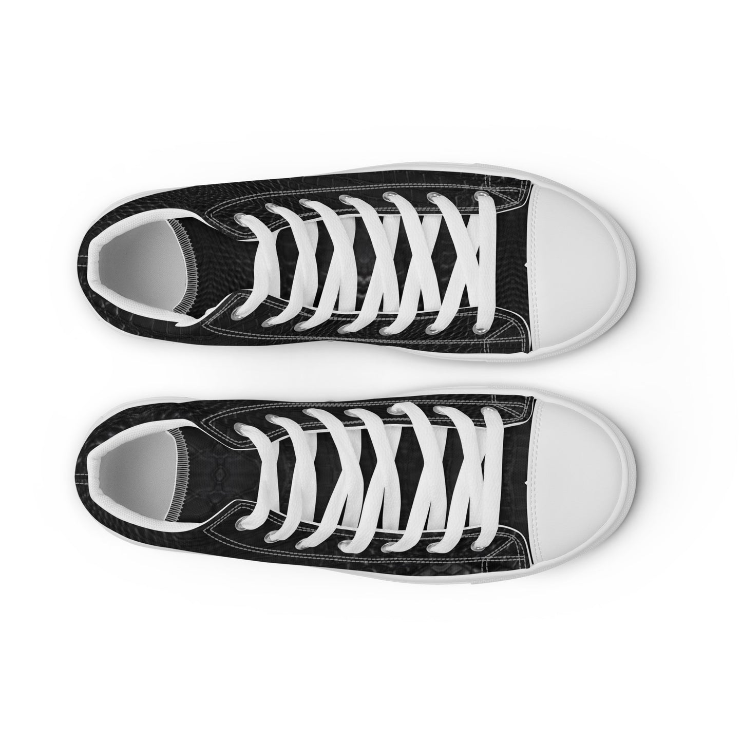 Top view of Black Leather Look Men's High Top Sneakers with white laces, showcasing a sleek design that combines faith-inspired apparel and purpose-driven messaging.