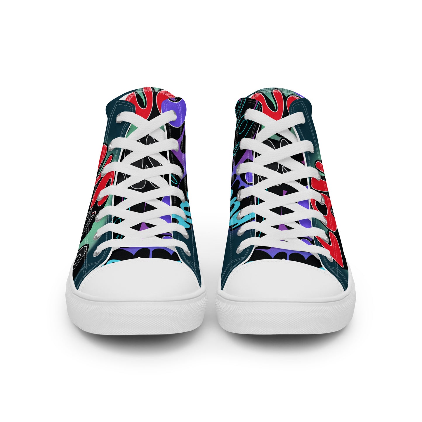 Pair of Men's High Top Sneakers – Graffiti with vibrant, multicolor abstract patterns on canvas, featuring white laces and soles, designed with faith-inspired style and purpose-driven messaging.