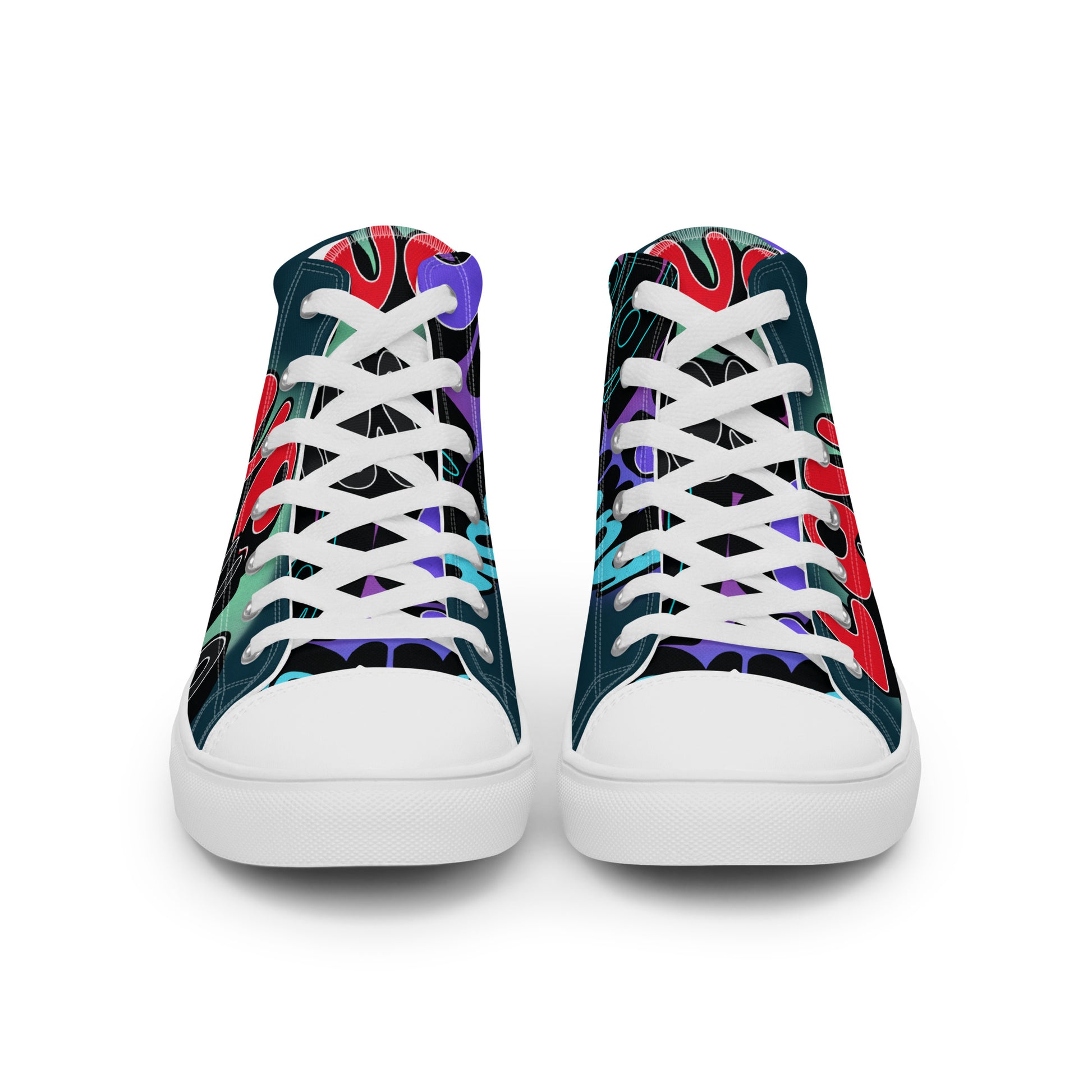 Pair of Men's High Top Sneakers – Graffiti with vibrant, multicolor abstract patterns on canvas, featuring white laces and soles, designed with faith-inspired style and purpose-driven messaging.