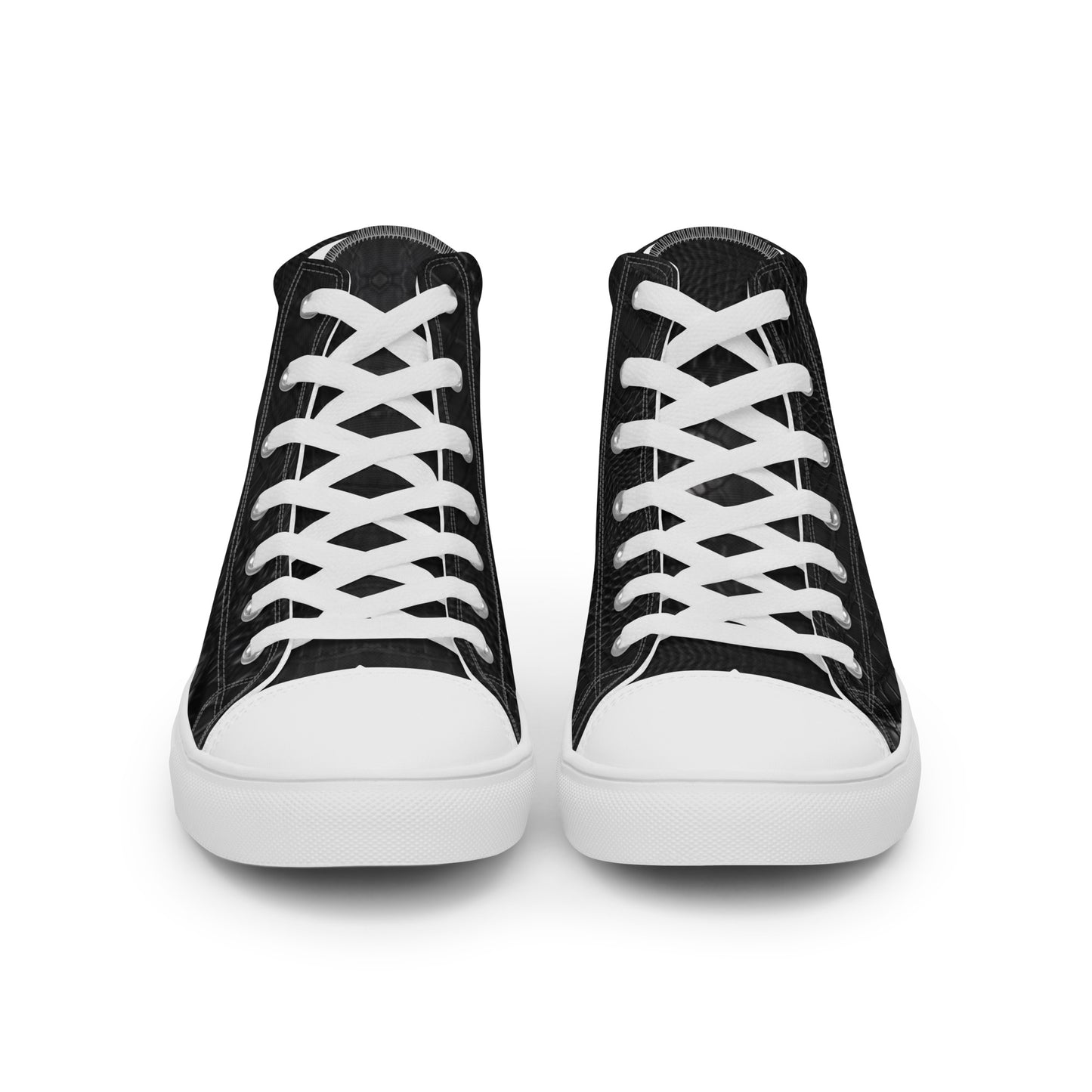 Black Leather Look Men's High Top Sneakers with white laces and soles, featuring a sleek design that blends stylish melanin-rich fashion with purpose-driven messaging in faith-inspired apparel.