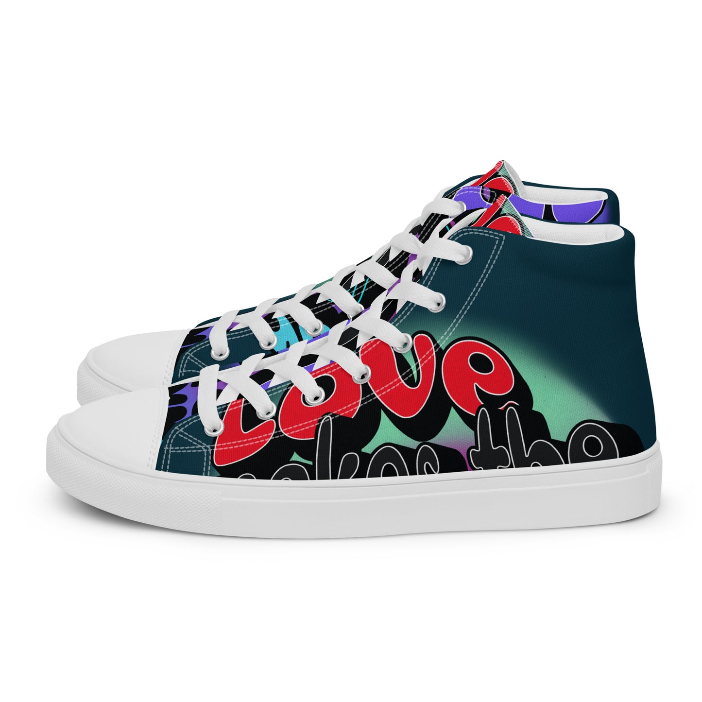 Pair of colorful Men's High Top Sneakers – Graffiti with vibrant red lettering and abstract design, featuring faith-inspired, purpose-driven messaging and melanin-rich imagery.