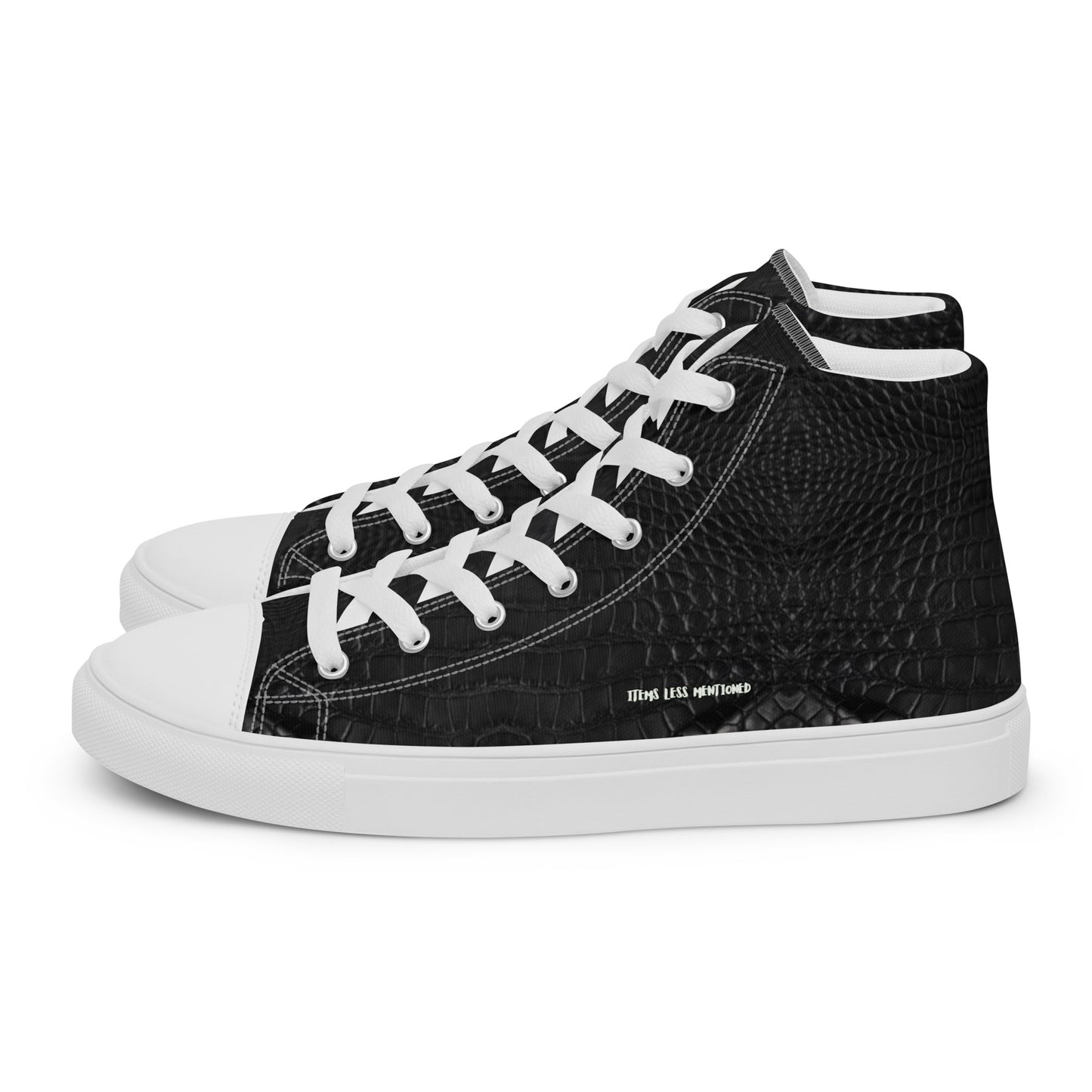 Black Leather Look Men's High Top Sneakers featuring a textured design with white laces and soles, blending stylish purpose-driven footwear with faith-inspired apparel and melanin-rich imagery.