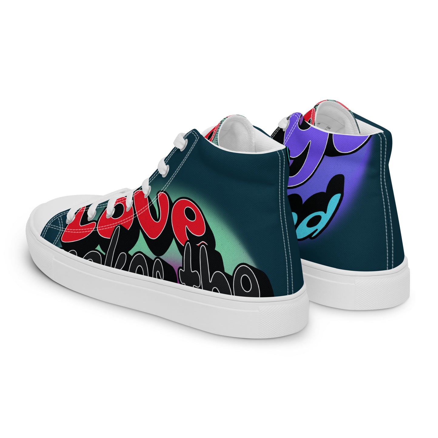 Pair of Men's High Top Sneakers – Graffiti with bold red and purple lettering on a dark canvas background, featuring faith-inspired designs and purpose-driven messaging.