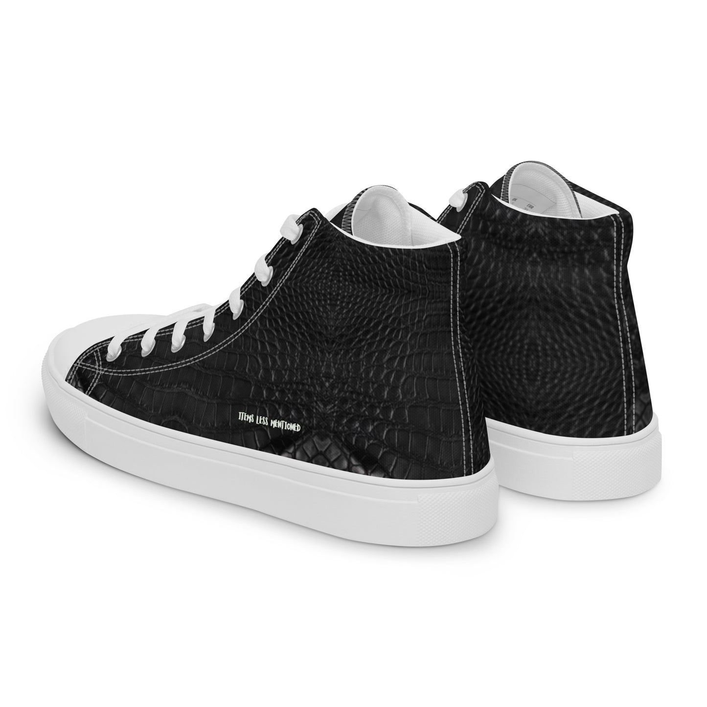 Black Leather Look Men's High Top Sneakers with crocodile texture, white soles, and laces, combining stylish design with faith-inspired apparel and purpose-driven messaging.