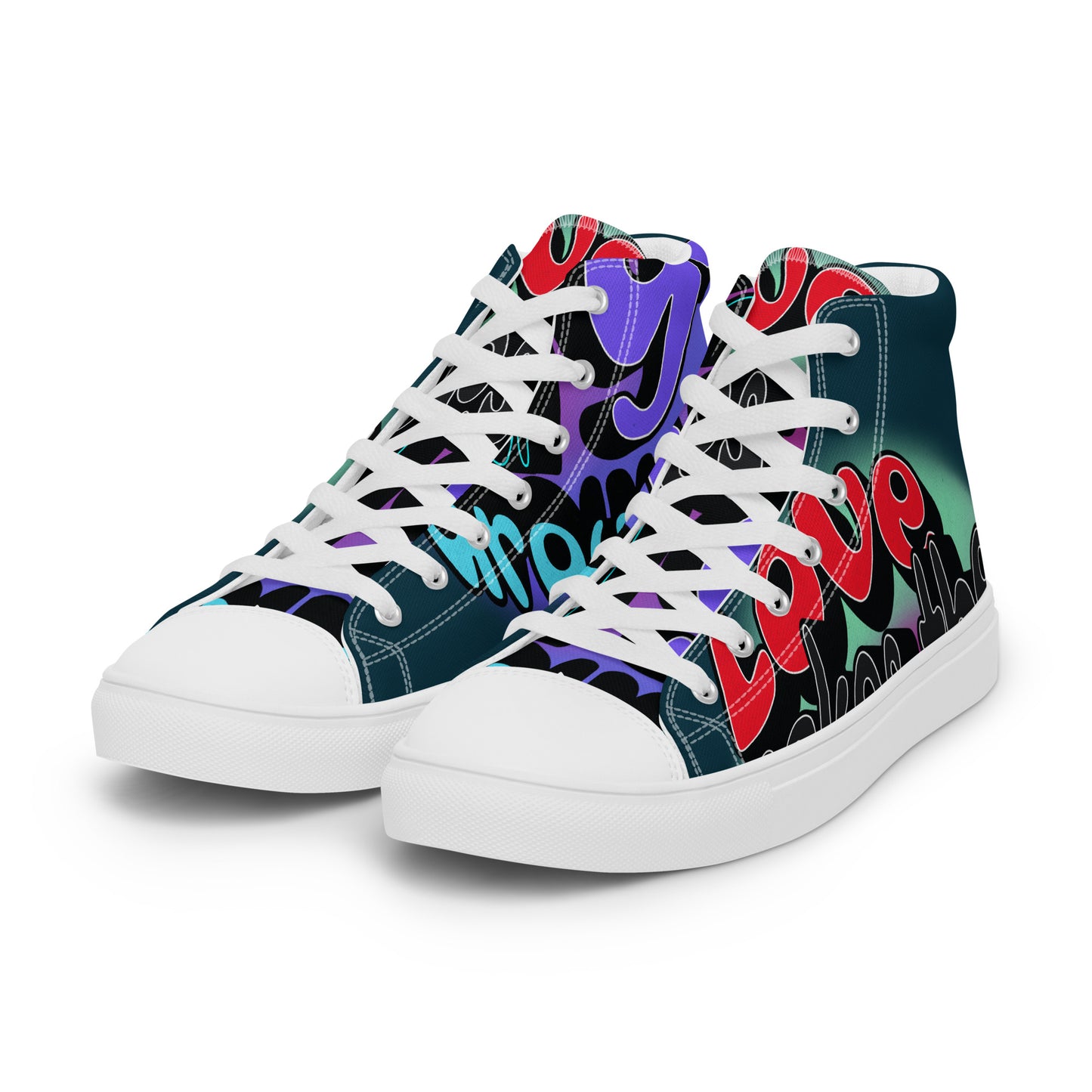 Pair of colorful Men's High Top Sneakers – Graffiti with bold lettering and vibrant design, reflecting faith-inspired apparel and purpose-driven messaging.