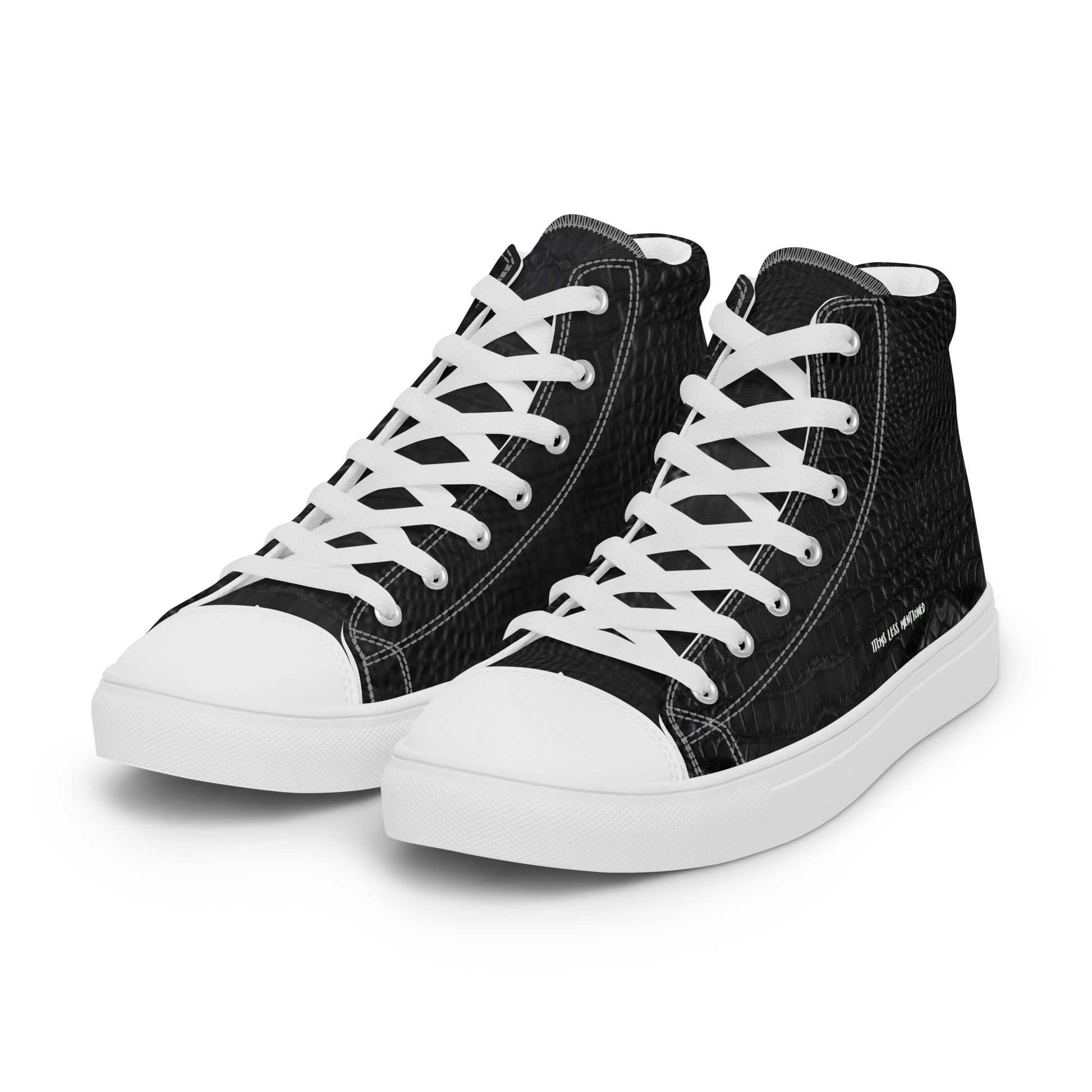 Pair of Black Leather Look Men's High Top Sneakers with white laces and soles, featuring a textured leather appearance and a stylish, purpose-driven design inspired by faith and melanin-rich imagery.