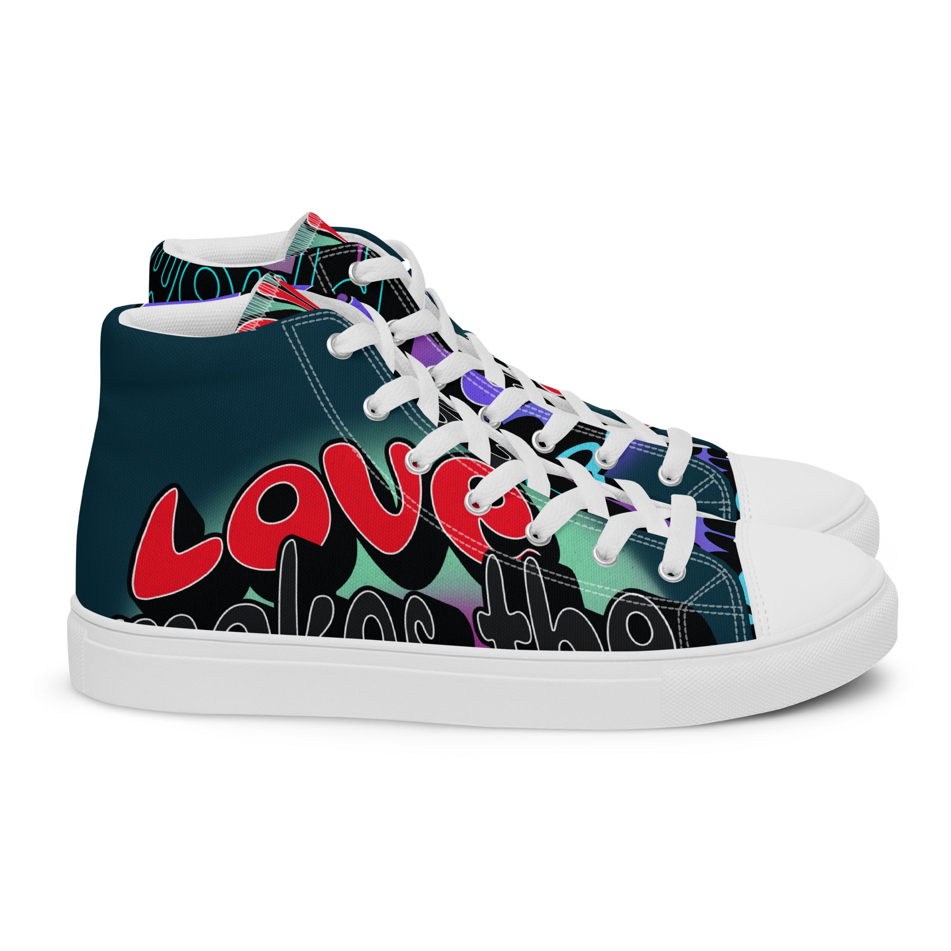 Pair of Men's High Top Sneakers – Graffiti with colorful graffiti-style design featuring the word "Love," white soles, and laces, blending faith-inspired apparel and purpose-driven messaging.