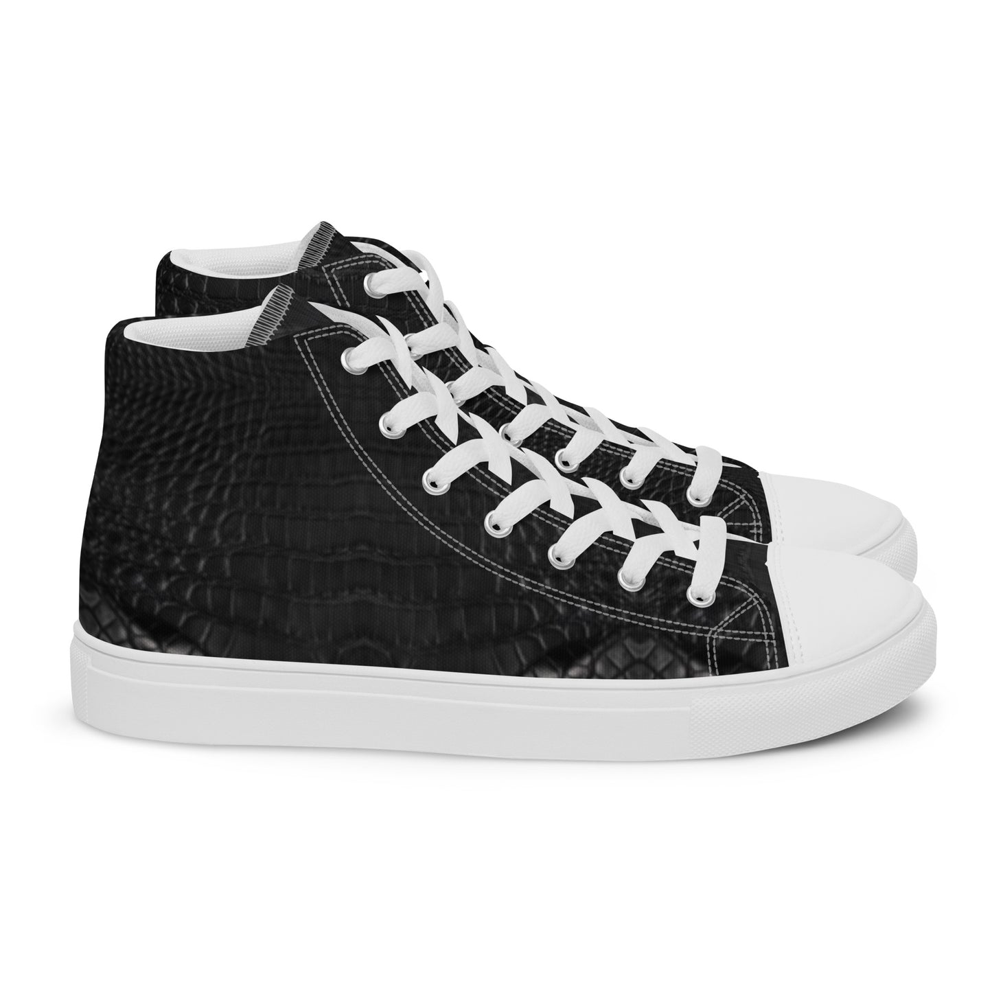 Pair of Black Leather Look Men's High Top Sneakers with crocodile texture, white laces, and sole, blending urban style with faith-inspired apparel and purpose-driven messaging.