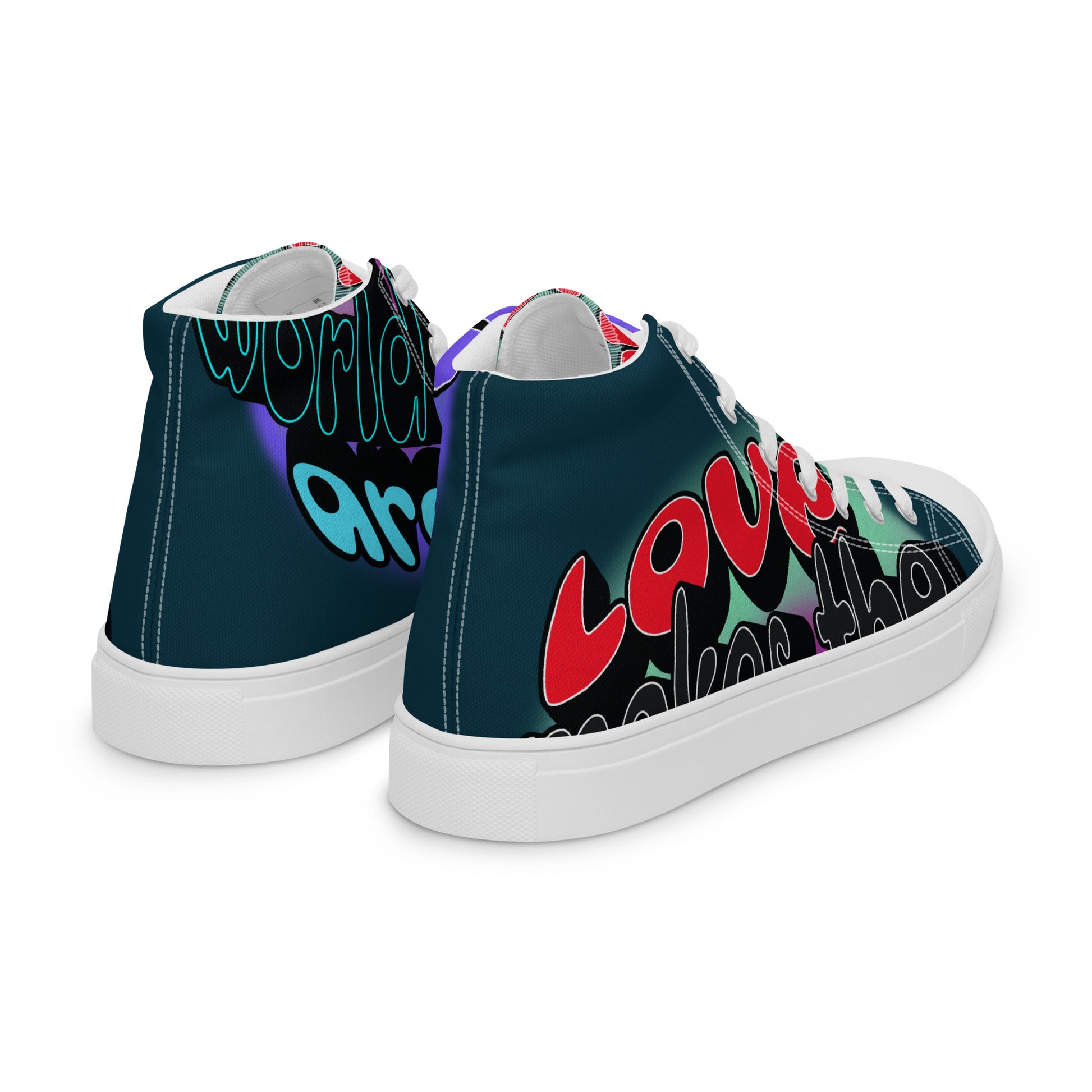 Men's High Top Sneakers – Graffiti featuring vibrant, graffiti-style inspirational text in red, black, and blue on a high-top canvas sneaker with white soles, reflecting faith-inspired purpose-driven messaging.