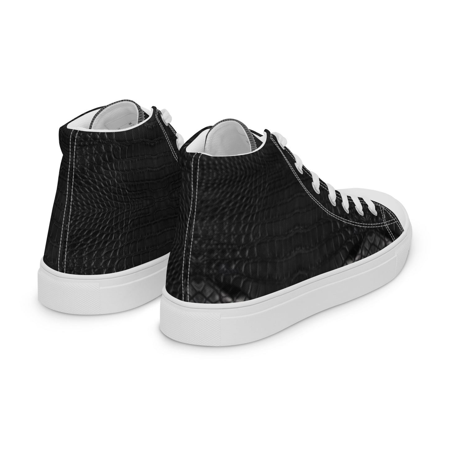Black Leather Look Men's High Top Sneakers with textured faux leather and white soles, designed for faith-inspired apparel and purpose-driven style.