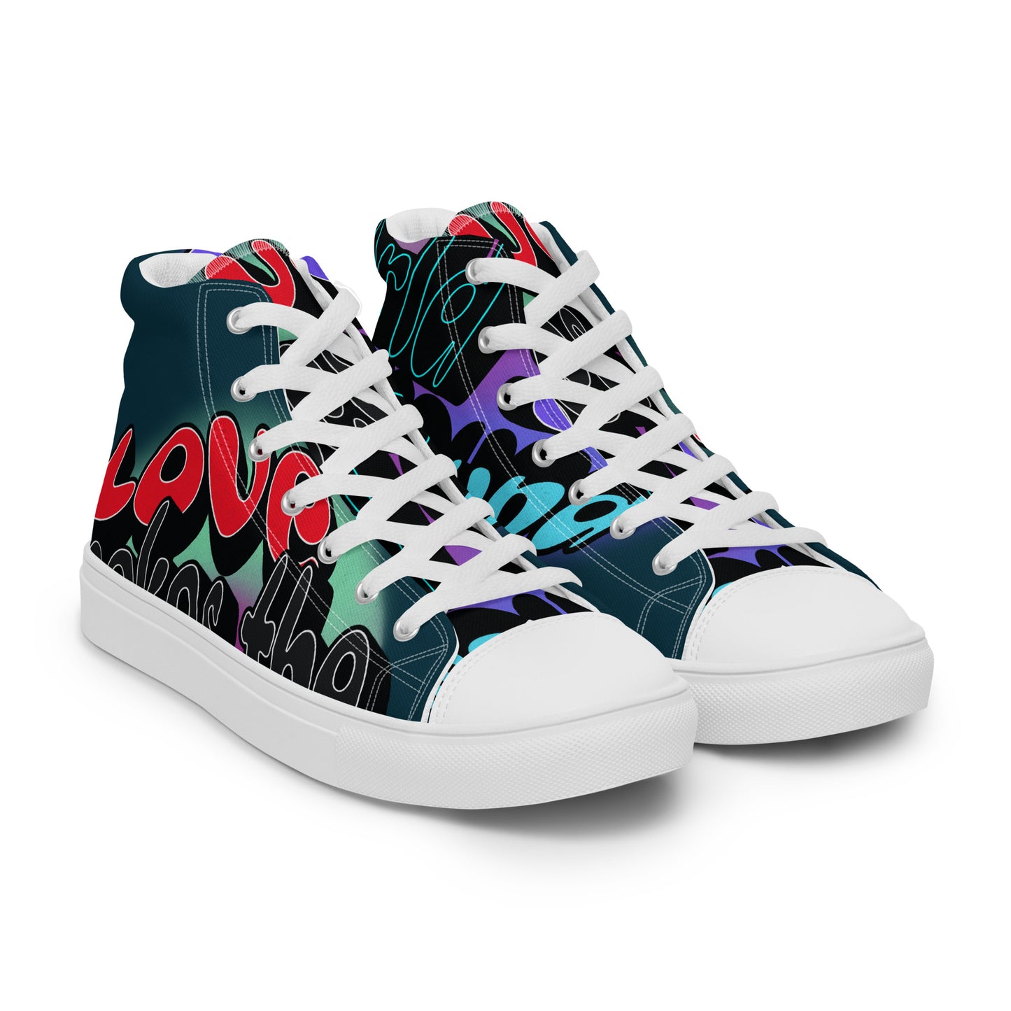 Pair of vibrant Men's High Top Sneakers – Graffiti featuring bold multicolored script and artistic design, blending faith-inspired apparel with purpose-driven messaging.