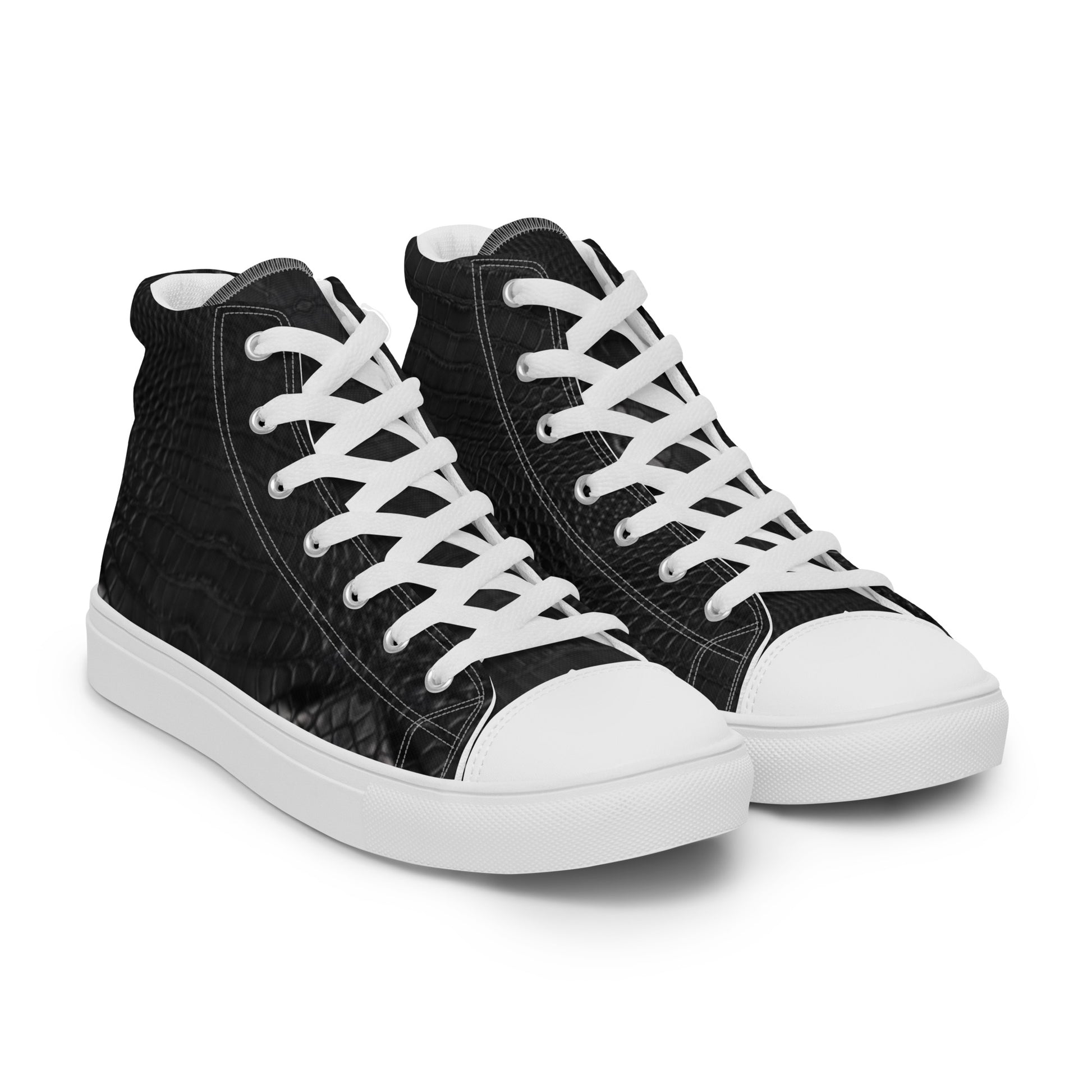 Black Leather Look Men's High Top Sneakers featuring a textured black leather look and white rubber soles and laces, combining stylish streetwear with faith-inspired purpose-driven messaging.