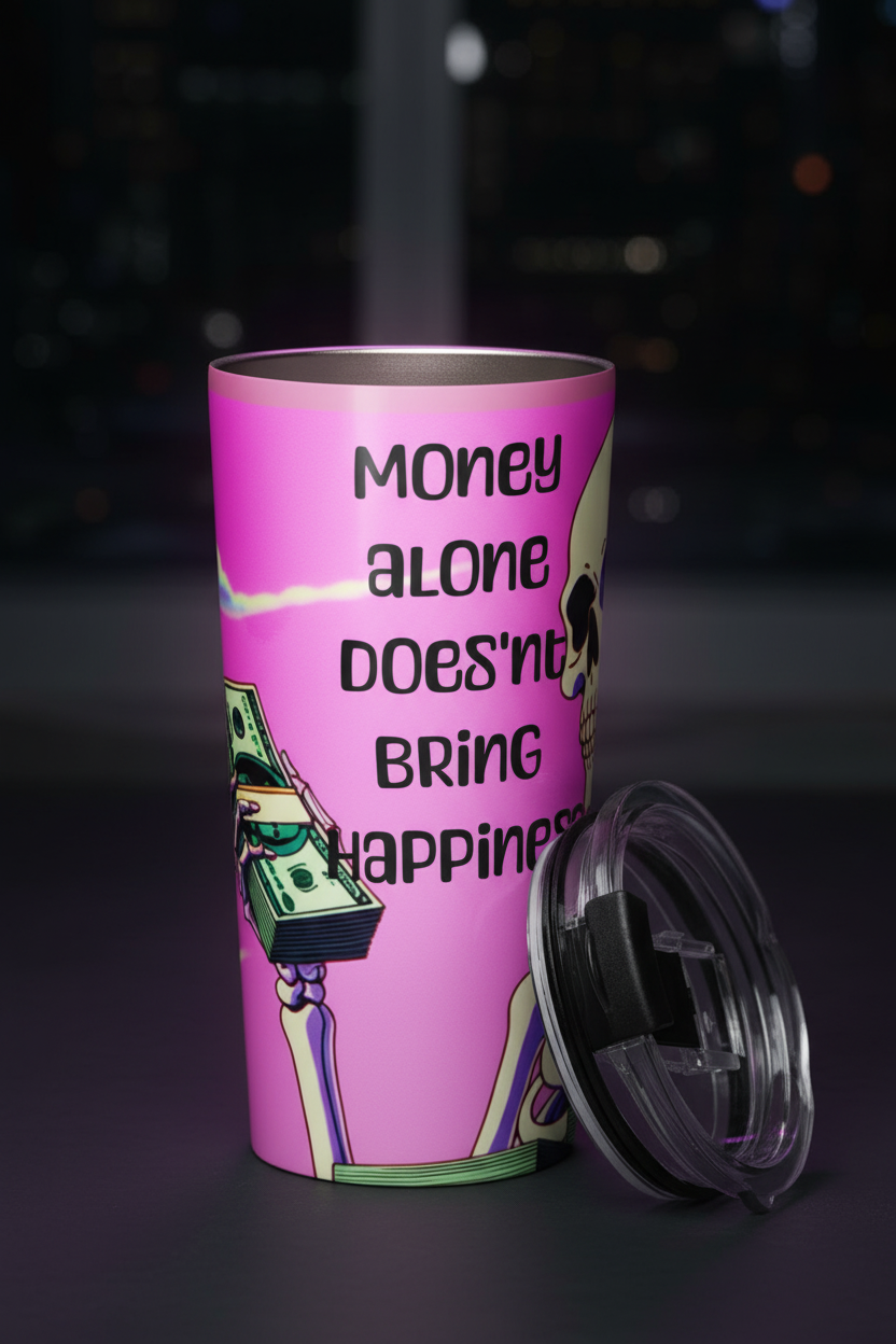 Money Alone Tumbler – Text Side Angled Tight Shot