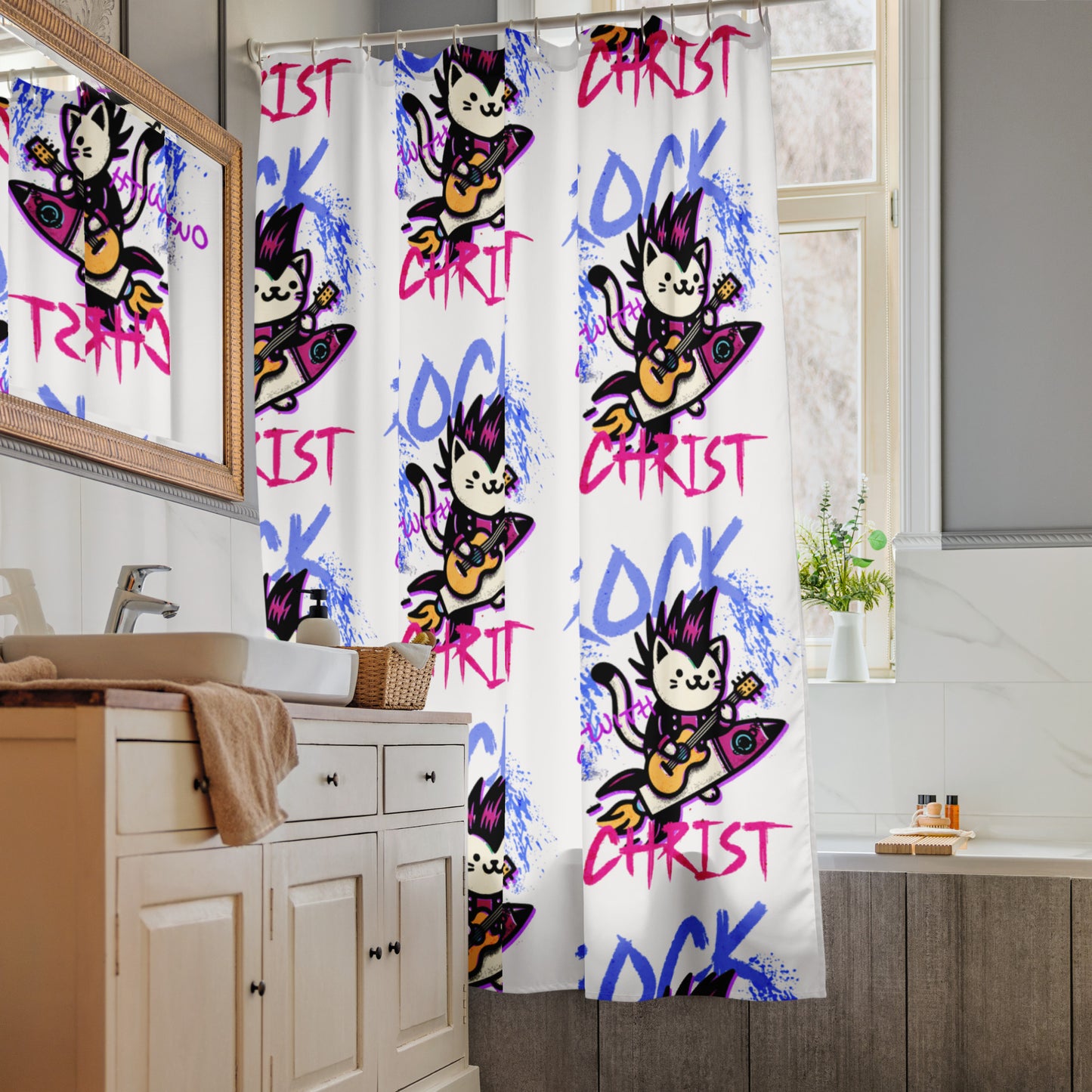 Bathroom featuring a white Rock Out With Christ Shower Curtain with colorful graffiti-style text and an animated cat playing guitar on a skateboard, adding vibrant, faith-inspired home decor.