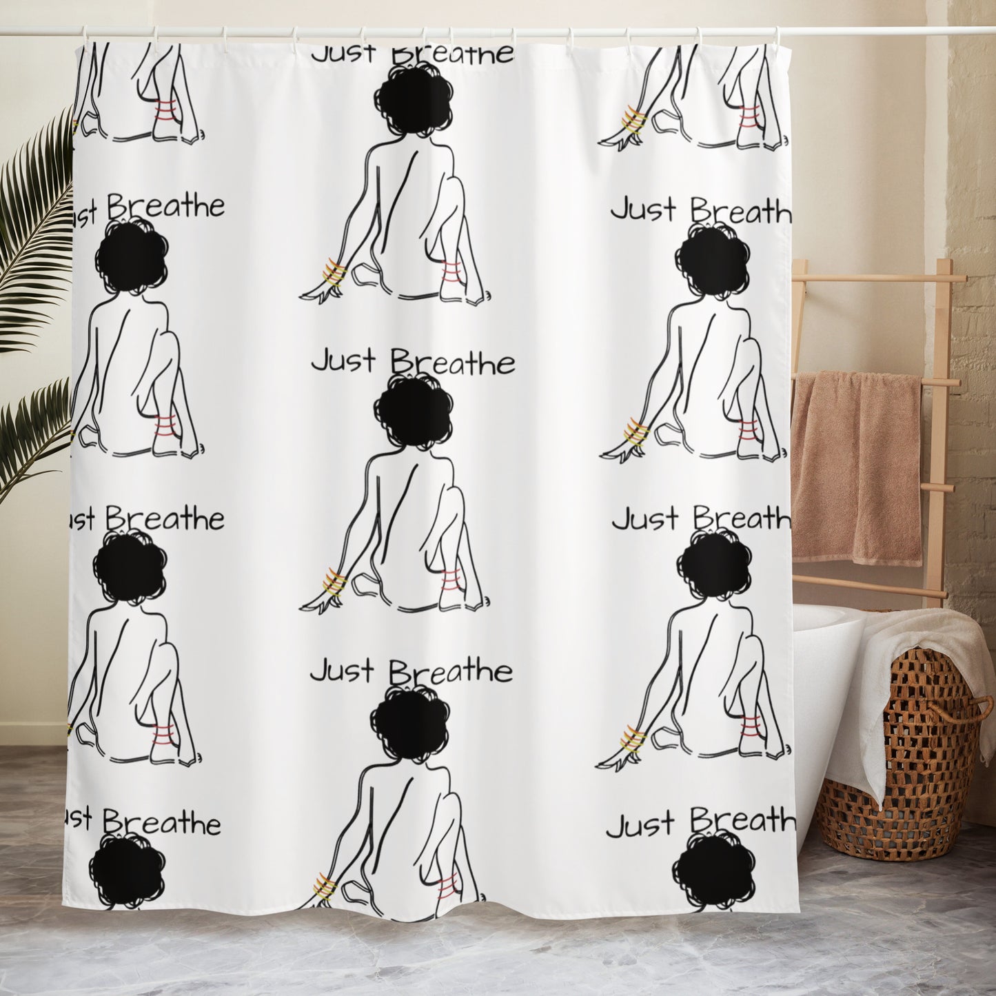 Just Breathe Shower Curtain featuring a repeating minimalist line art design of a seated woman with natural hair, accented with gold bangles on a white background.