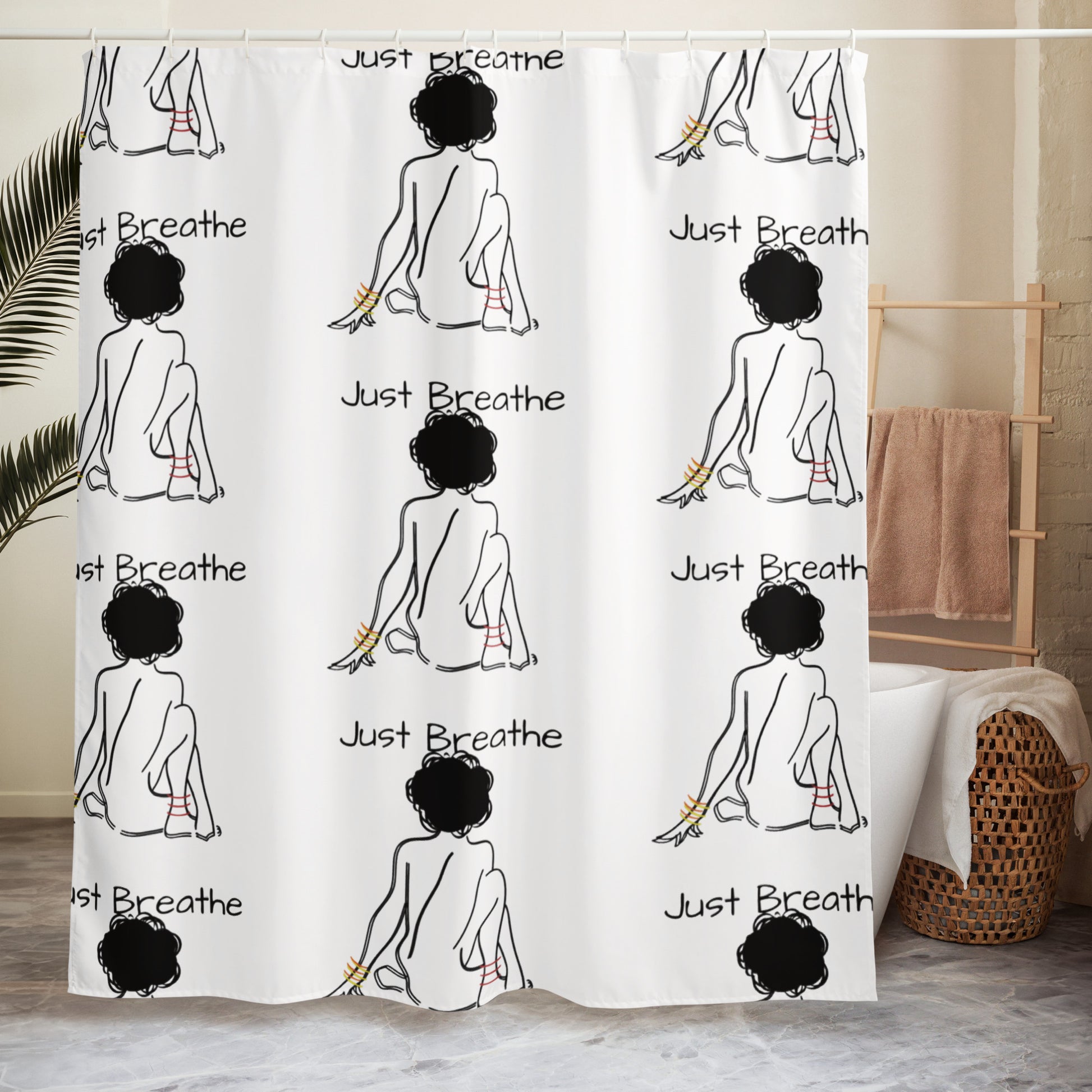 Just Breathe Shower Curtain featuring a repeating minimalist line art design of a seated woman with natural hair, accented with gold bangles on a white background.