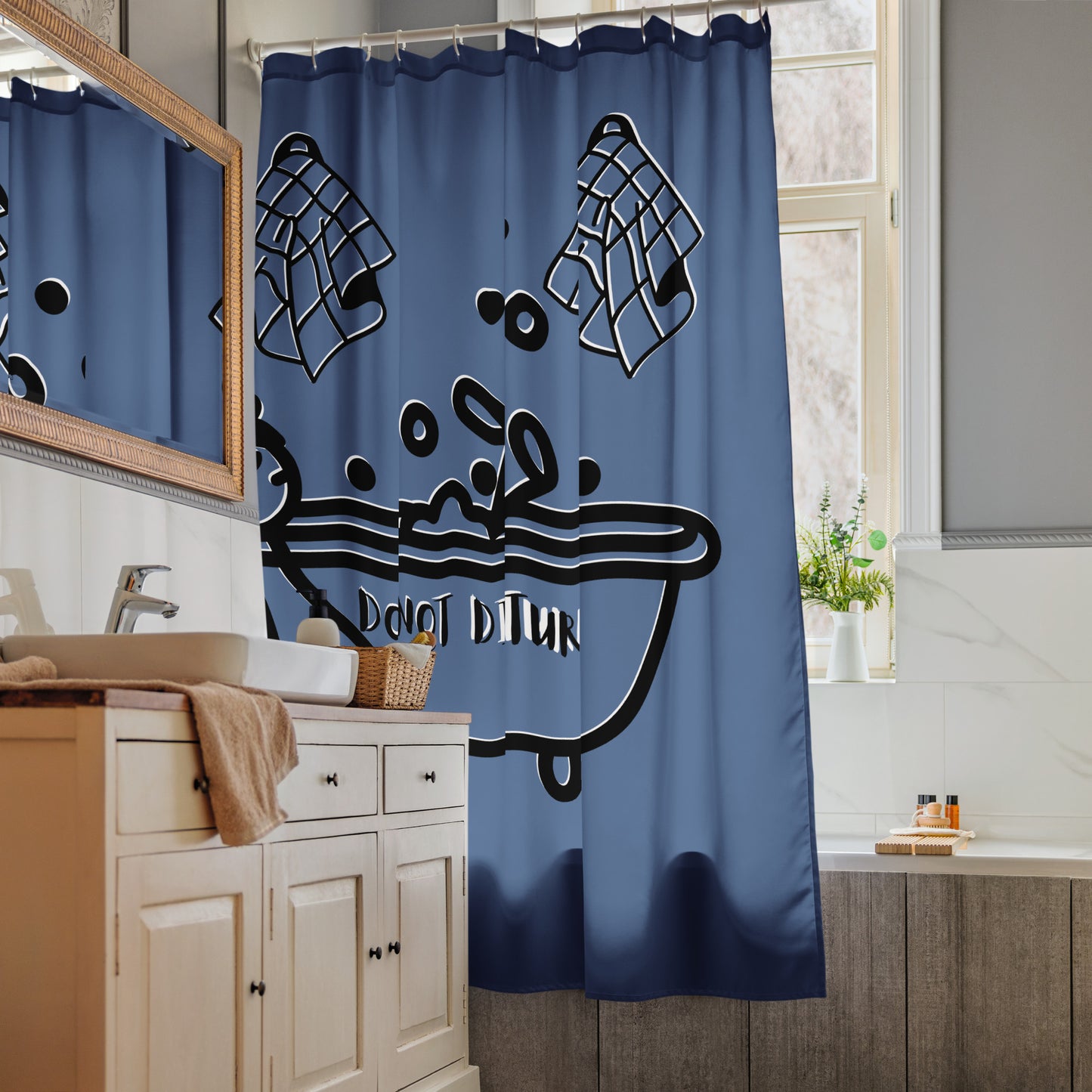 Light blue bathroom with a Soak in Peace Shower Curtain featuring a playful black bathtub and towel design, brightening a modern, cozy space with natural light.