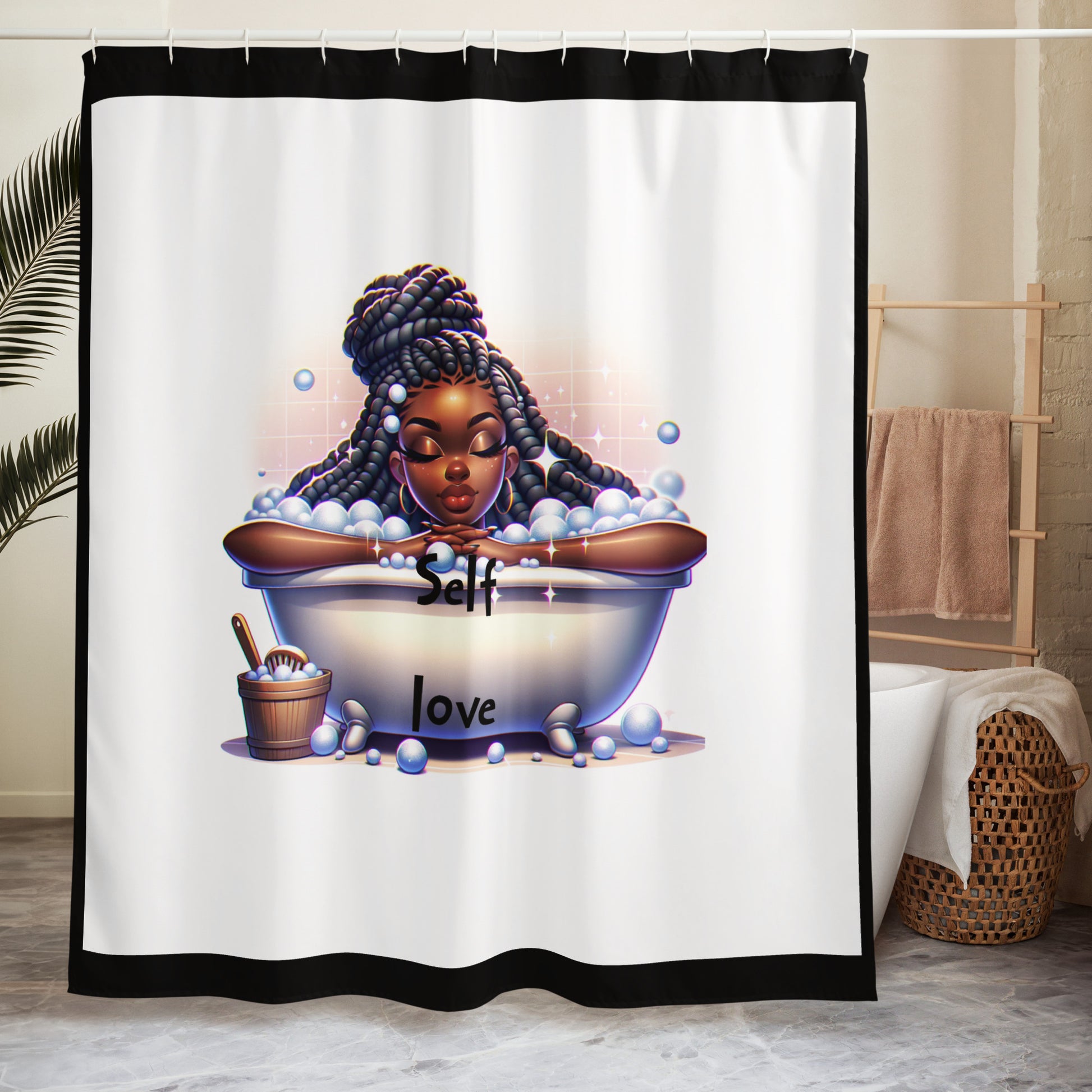Bubble Bath Queen Shower Curtain featuring an illustration of a relaxed Black woman with braided hair enjoying a bubble bath surrounded by bubbles and the words Self love.