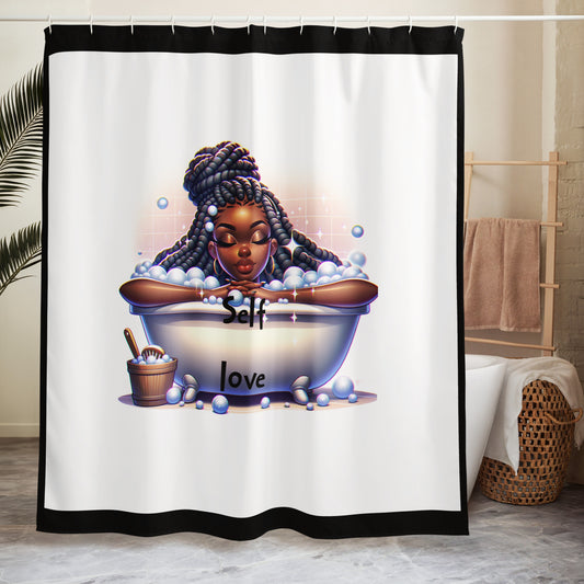 Bubble Bath Queen Shower Curtain featuring an illustration of a relaxed Black woman with braided hair enjoying a bubble bath surrounded by bubbles and the words Self love.