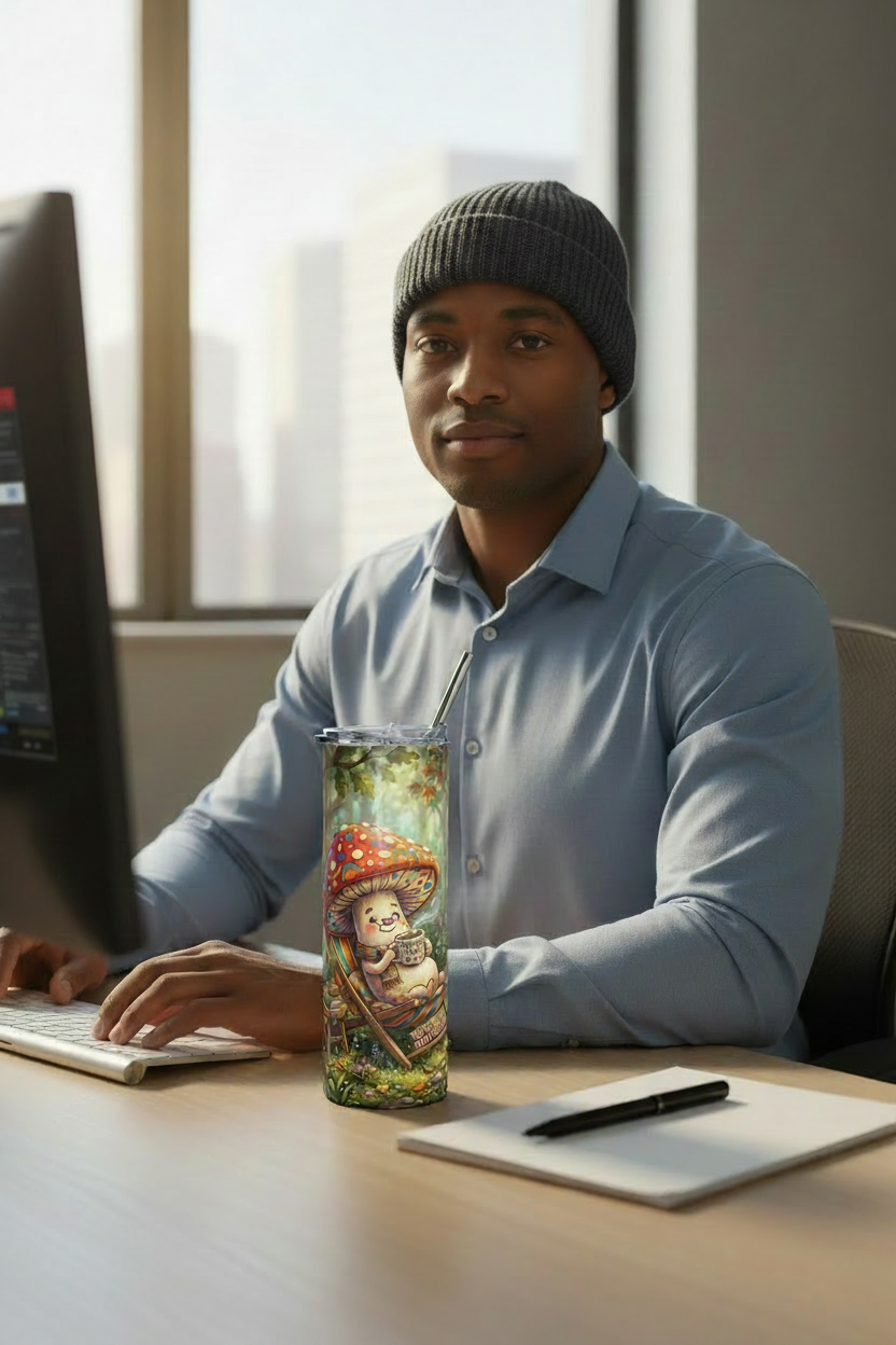 Shroom Sipping – Knit Hat Looking at Computer