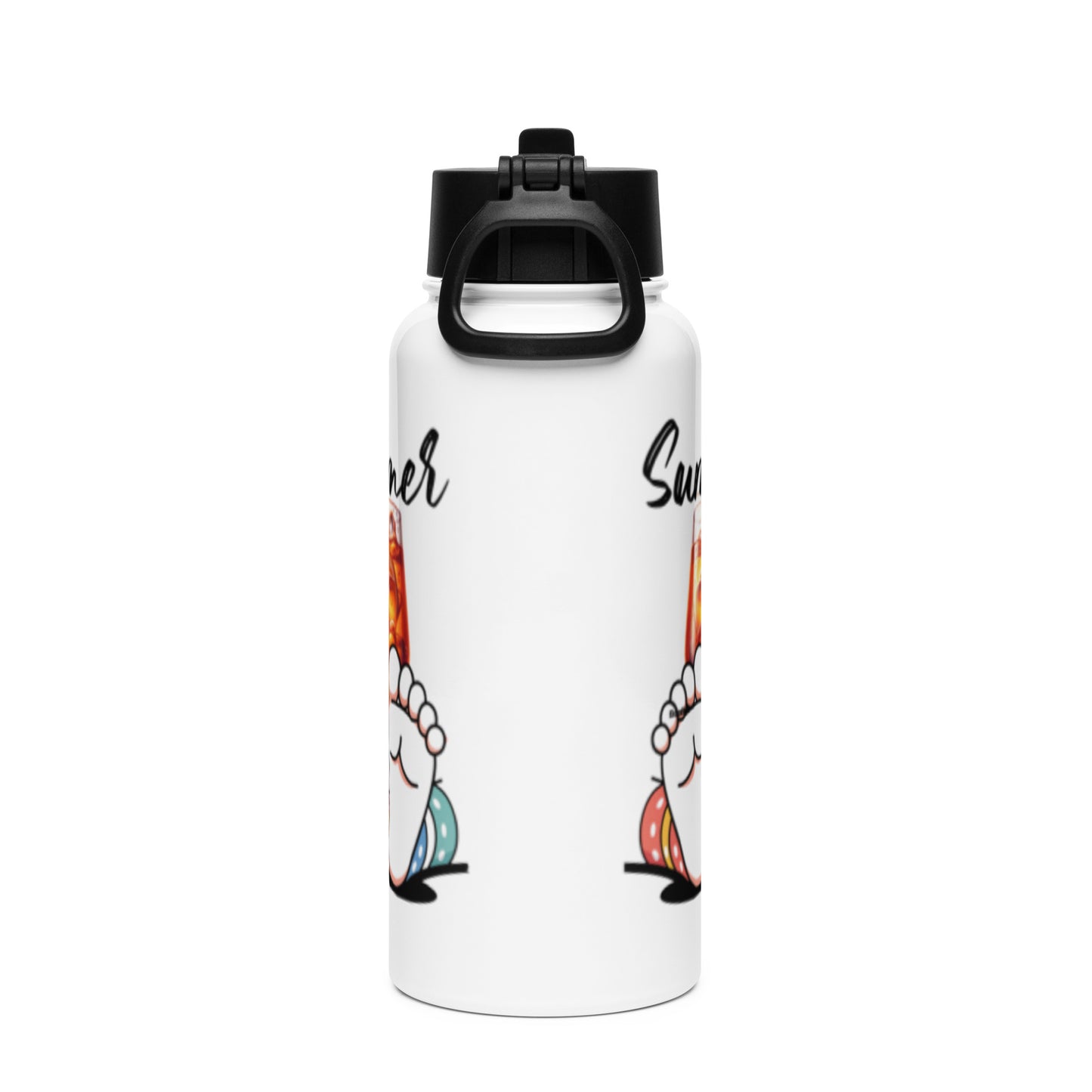 White stainless steel Water Bottle – Barefoot Bliss with a black straw lid featuring colorful barefoot artwork, blending faith-inspired and purpose-driven design elements.