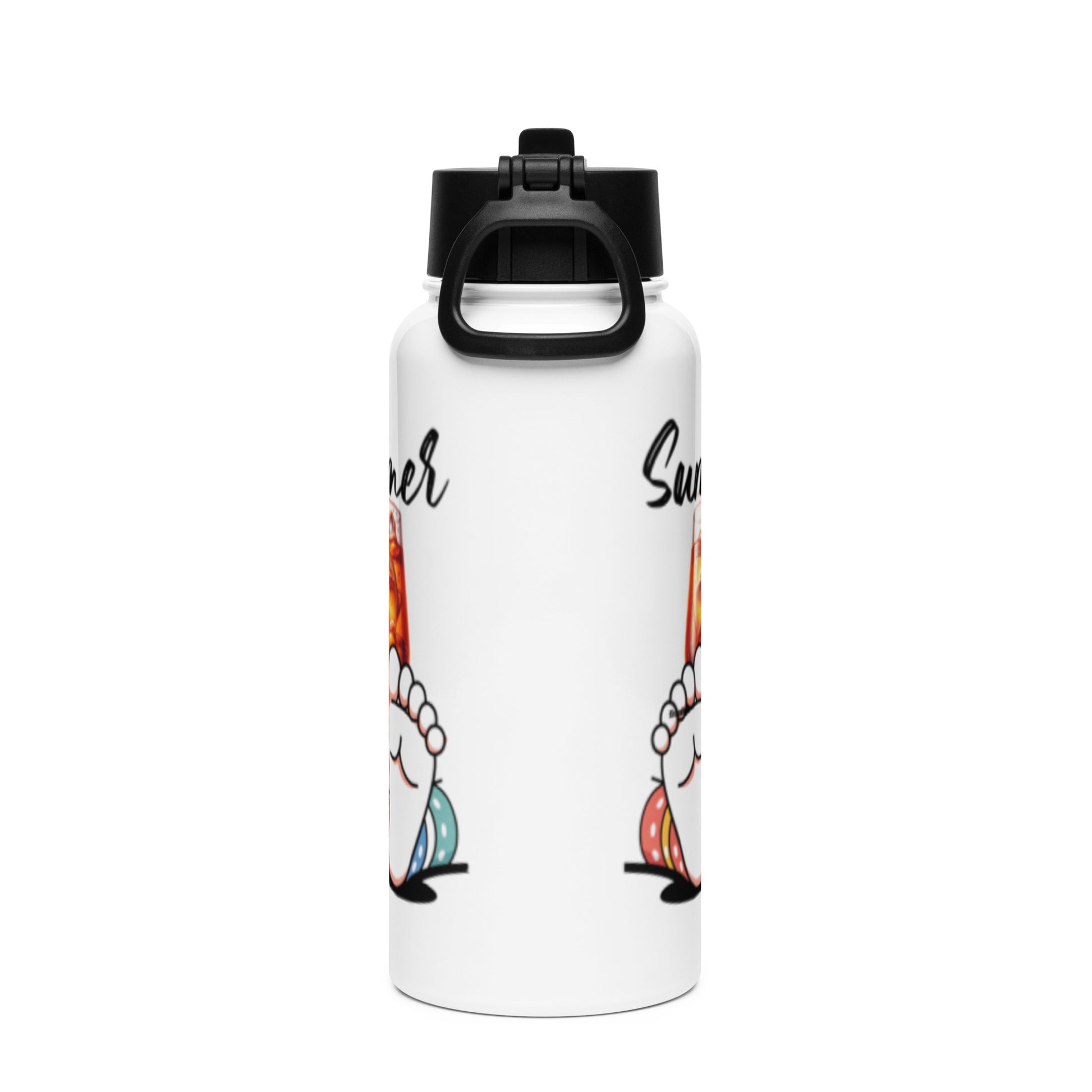 White stainless steel Water Bottle – Barefoot Bliss with a black straw lid featuring colorful barefoot artwork, blending faith-inspired and purpose-driven design elements.