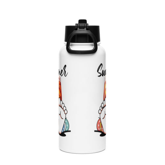 White stainless steel Water Bottle – Barefoot Bliss with a black straw lid featuring colorful barefoot artwork, blending faith-inspired and purpose-driven design elements.