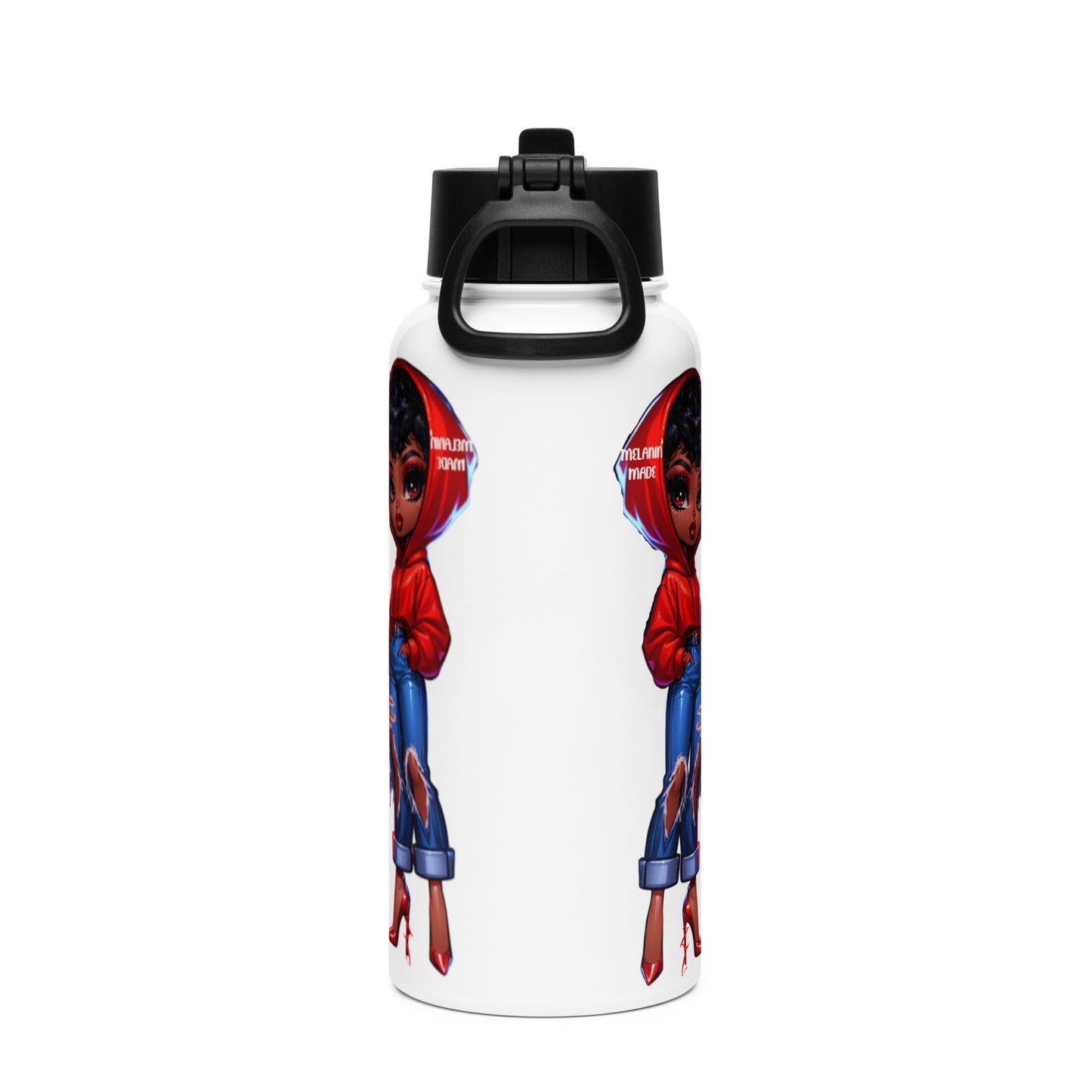 White stainless steel Heels & Hoodie Water Bottle featuring a graphic of a confident woman in a red hoodie, blue jeans, and red heels, with a black flip-top lid and straw.