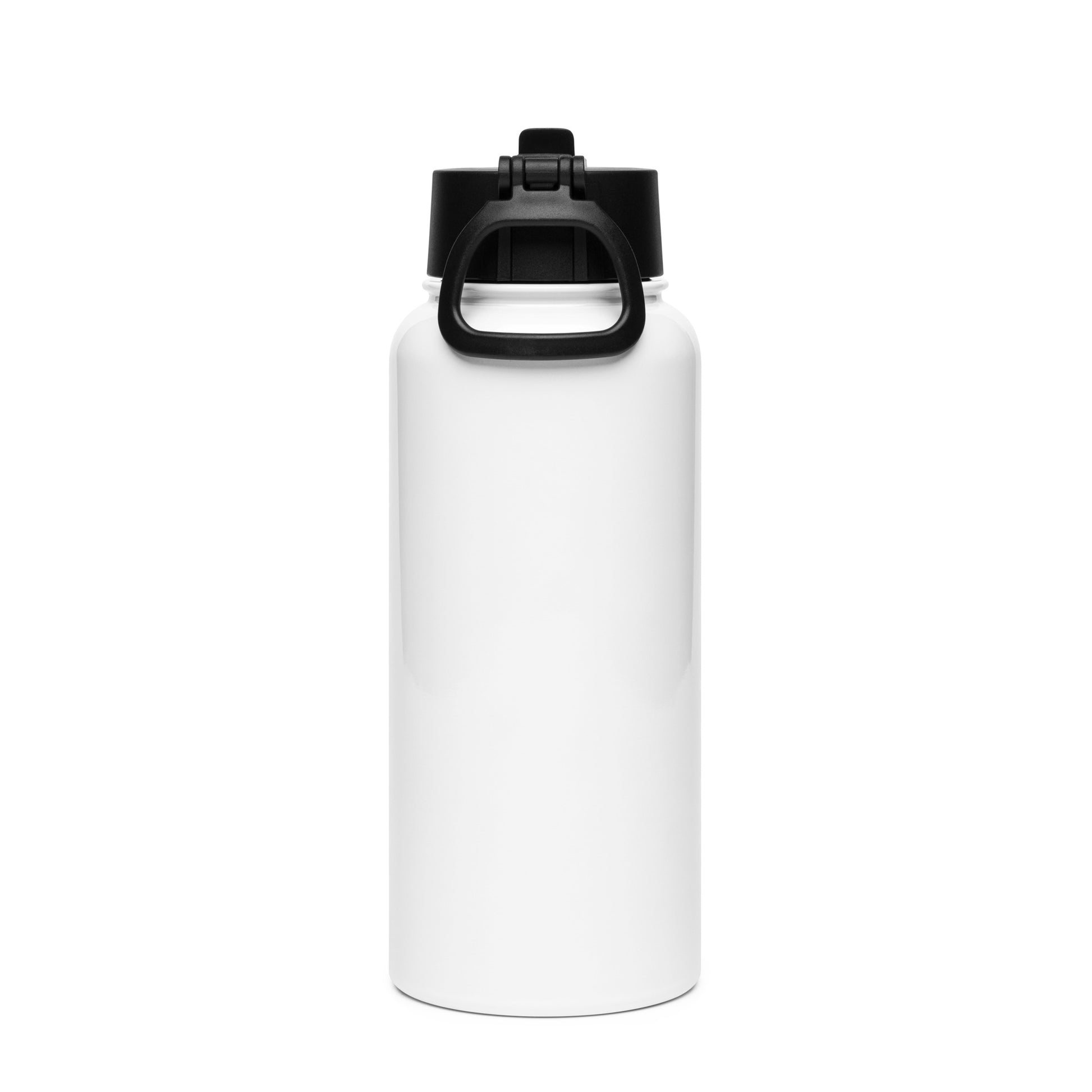 White stainless steel water bottle with a black straw lid shown from the back, designed as the I Love My Curves Water Bottle for everyday hydration.