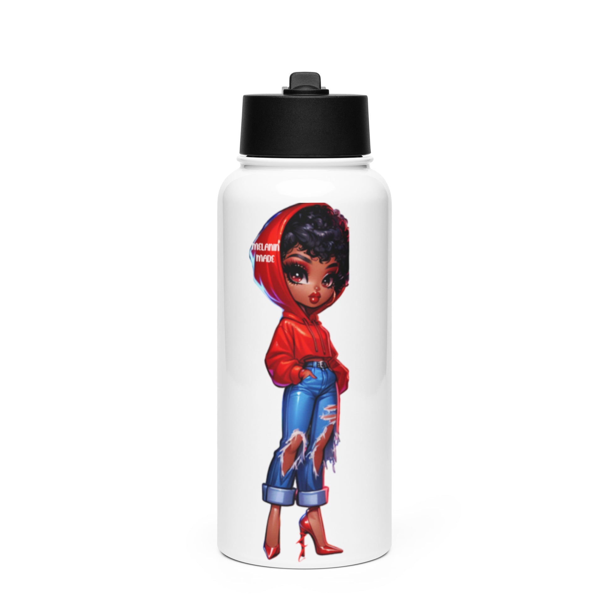 Heels & Hoodie Water Bottle featuring a design of a stylish woman wearing a red hoodie, ripped jeans, and red heels on a white stainless steel bottle with a black lid.