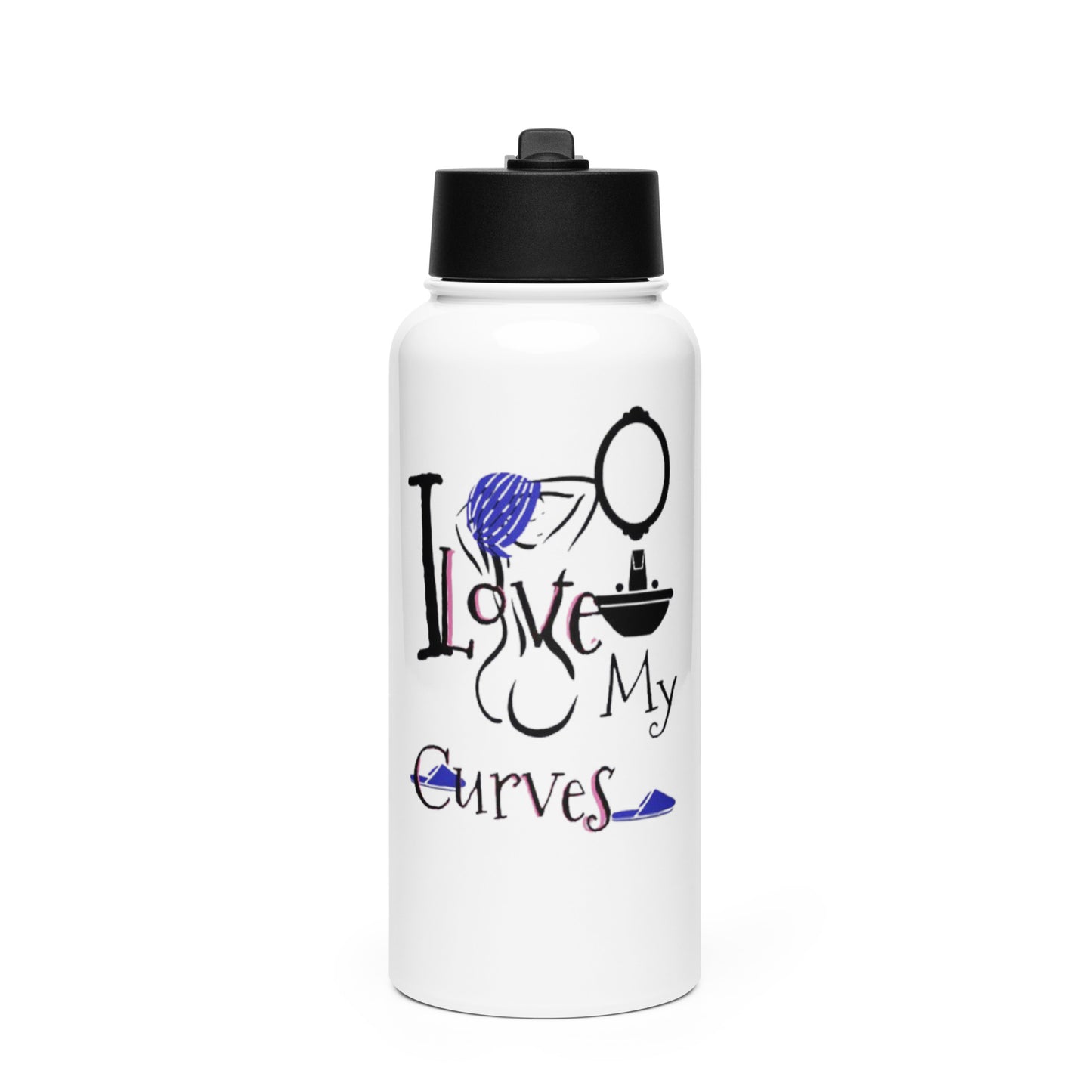 White stainless steel water bottle with a black lid featuring a stylish illustration and the phrase I Love My Curves Water Bottle promoting self-love and confidence.