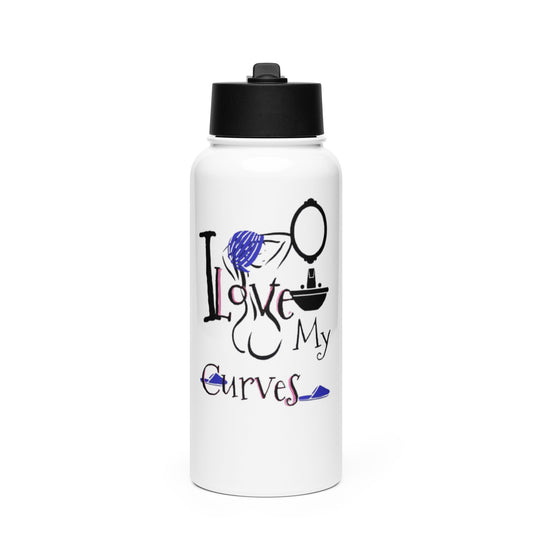 White stainless steel water bottle with a black lid featuring a stylish illustration and the phrase I Love My Curves Water Bottle promoting self-love and confidence.