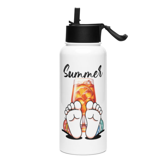 White stainless steel Water Bottle – Barefoot Bliss featuring a summer-themed design with relaxed feet and a refreshing drink, combining faith-inspired purpose and style.