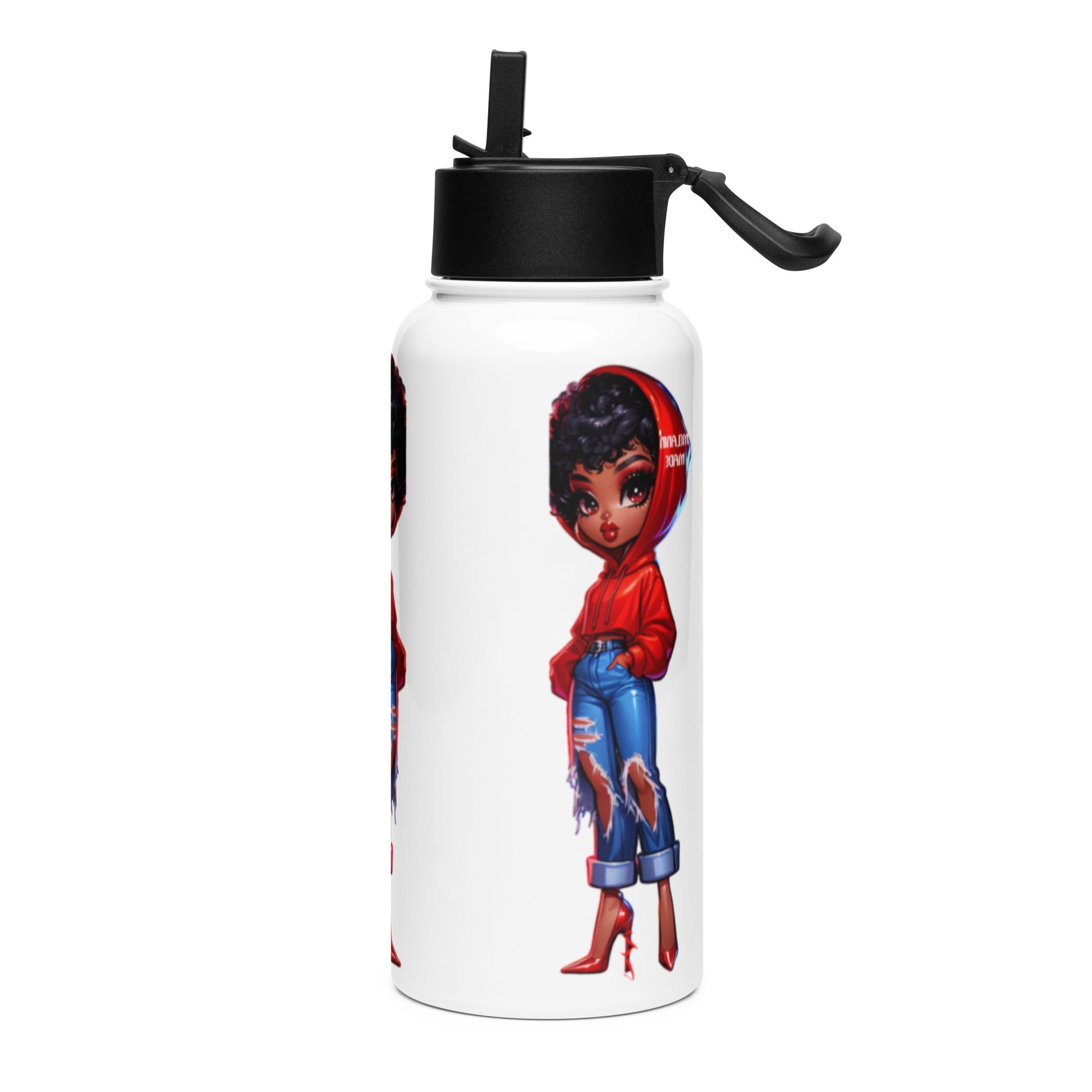 White stainless steel water bottle with a black straw lid featuring a stylish illustration of a woman in a red hoodie, ripped jeans, and heels, labeled Heels & Hoodie Water Bottle.