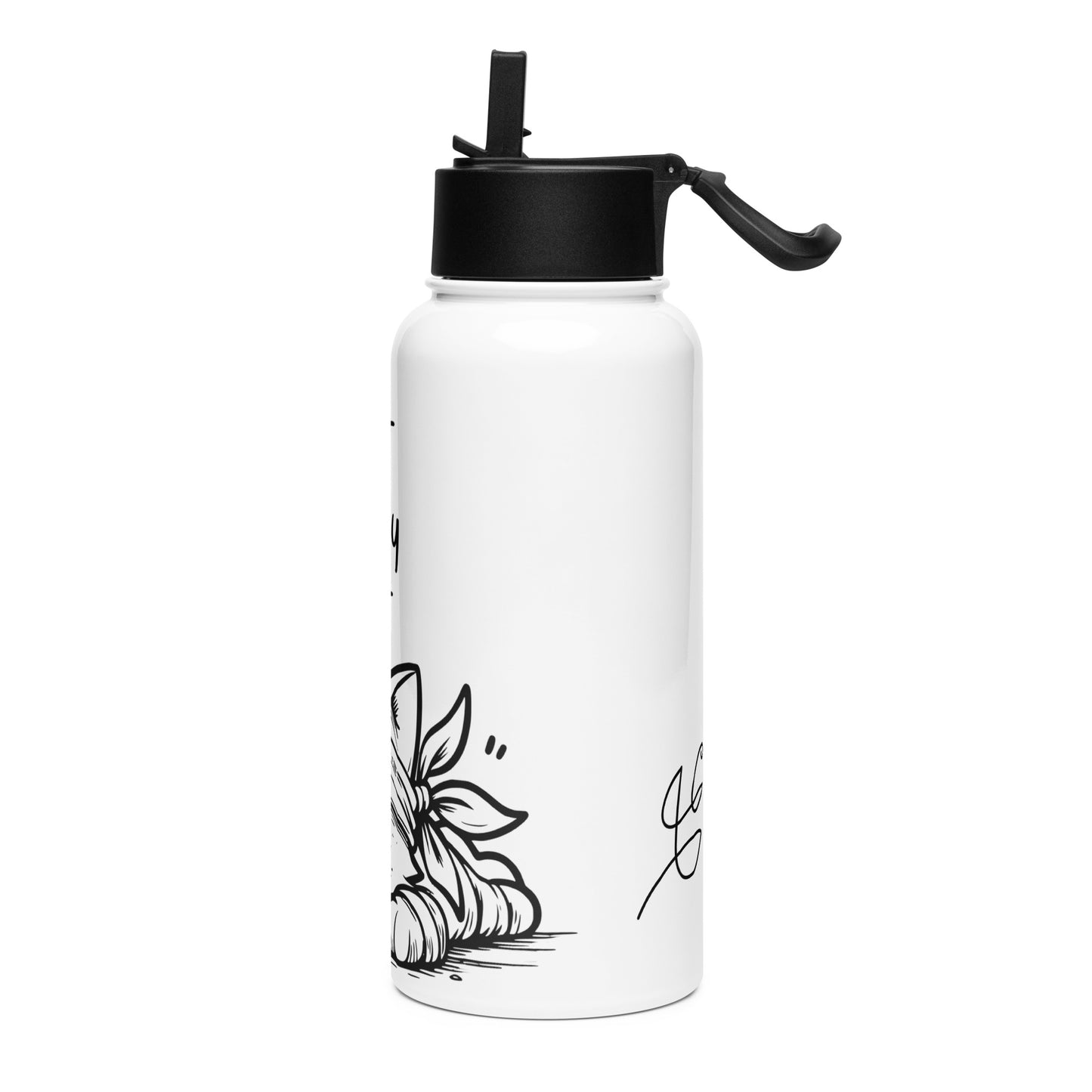 White stainless steel water bottle with a black straw lid featuring a floral design and the phrase "Is It Friday Yet? Water Bottle" printed on the side.