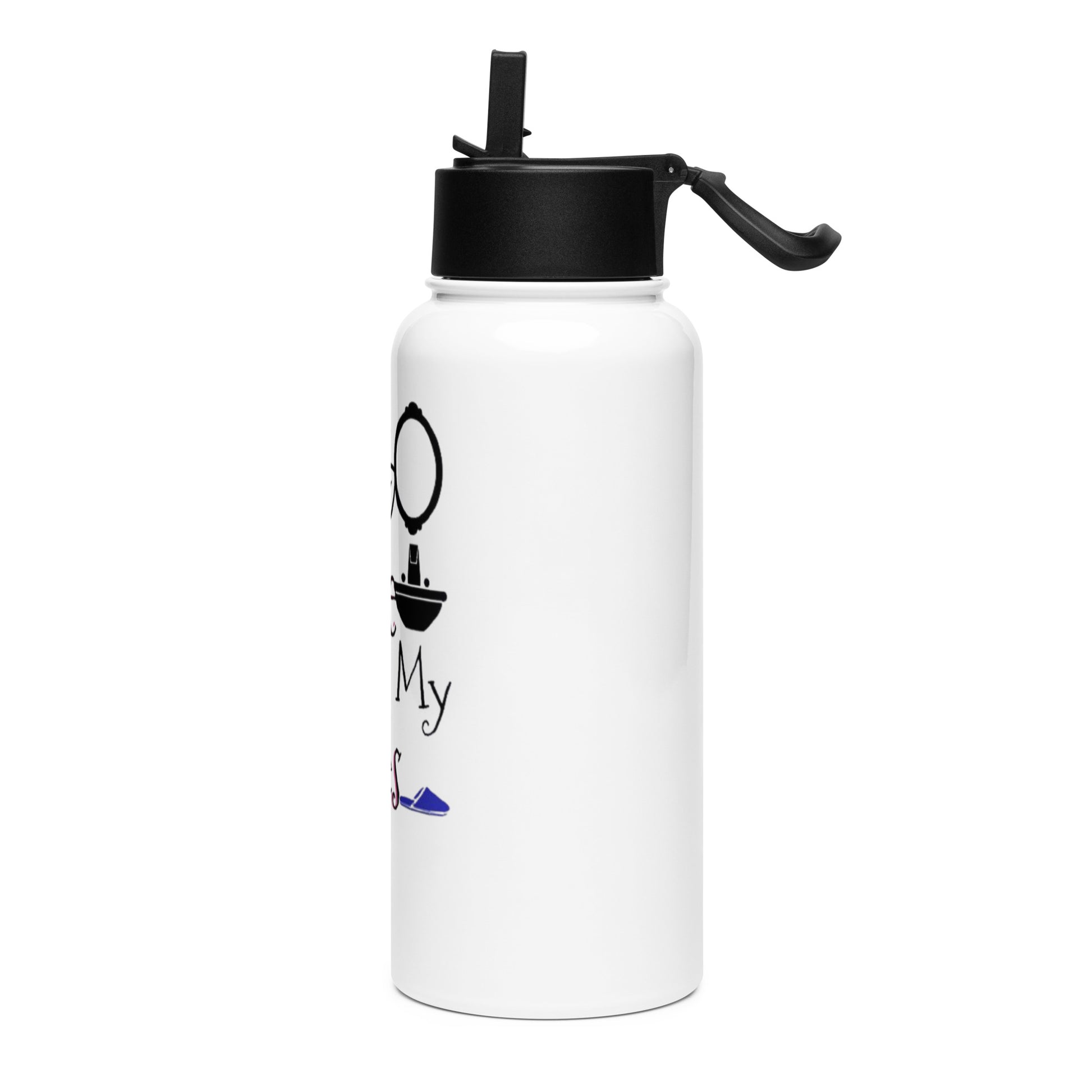 White stainless steel water bottle with a black straw lid featuring a stylish design, showcasing the "I Love My Curves Water Bottle" text with a clean, minimal look.