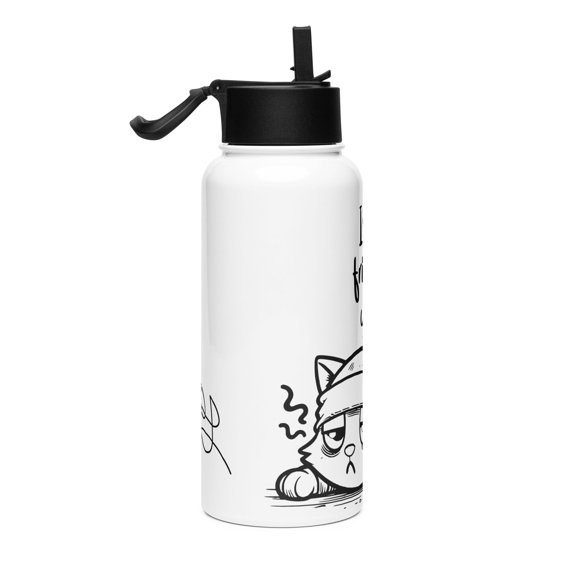 White stainless steel water bottle with a black straw lid, featuring a tired cat illustration and the text "Is It Friday Yet? Water Bottle" in a casual design.