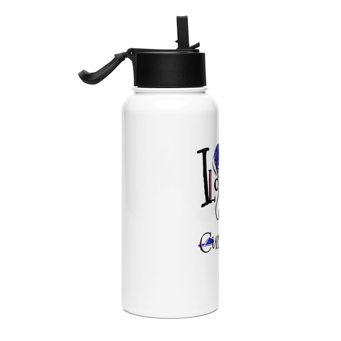 White stainless steel water bottle with a black straw lid featuring the phrase I Love My Curves Water Bottle in artistic blue and black text.