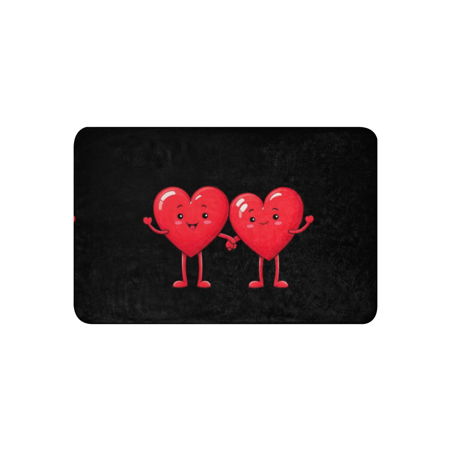 Rectangular black Sherpa Blanket – Better Together featuring two cartoon red hearts holding hands with happy faces and waving arms.