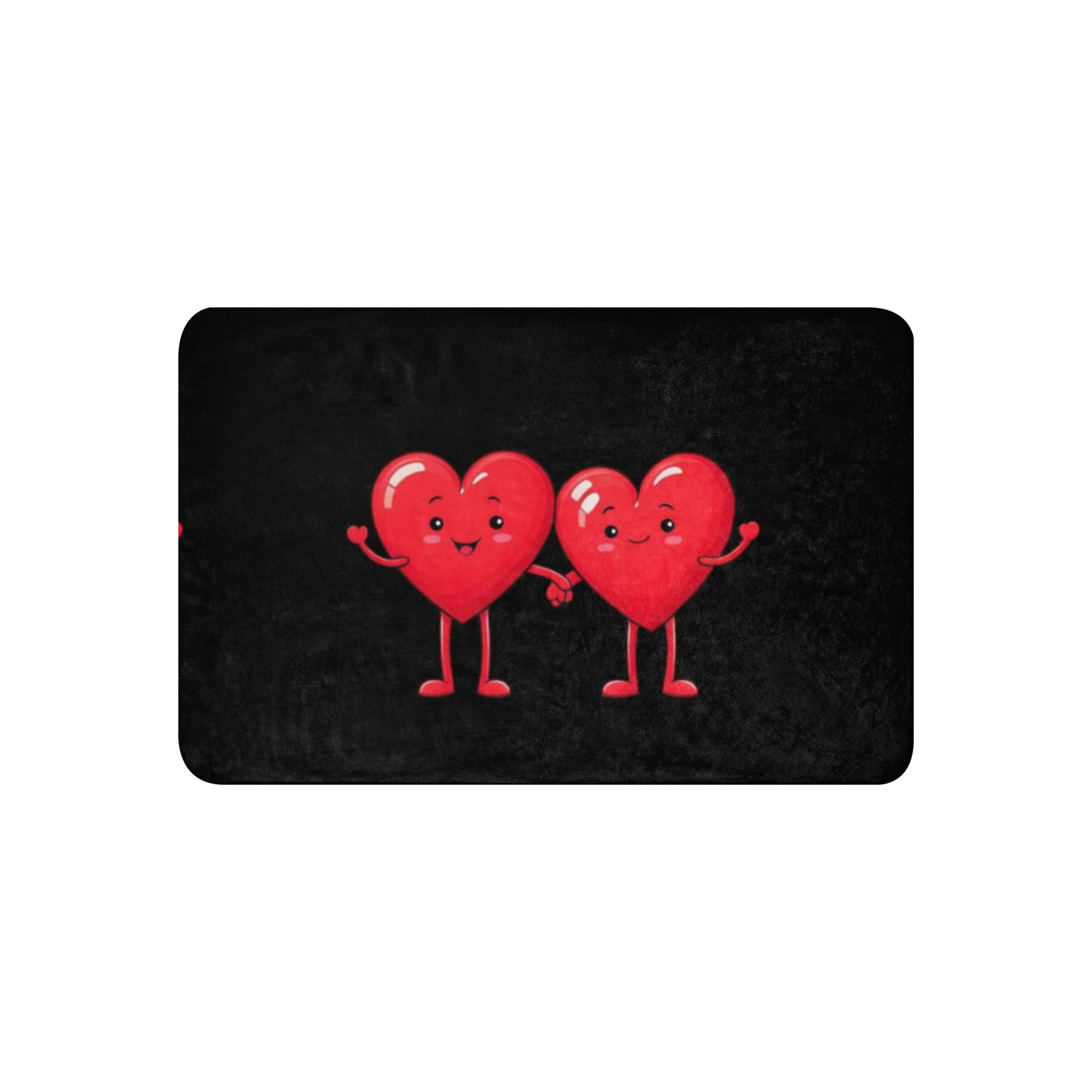 Rectangular black Sherpa Blanket – Better Together featuring two cartoon red hearts holding hands with happy faces and waving arms.