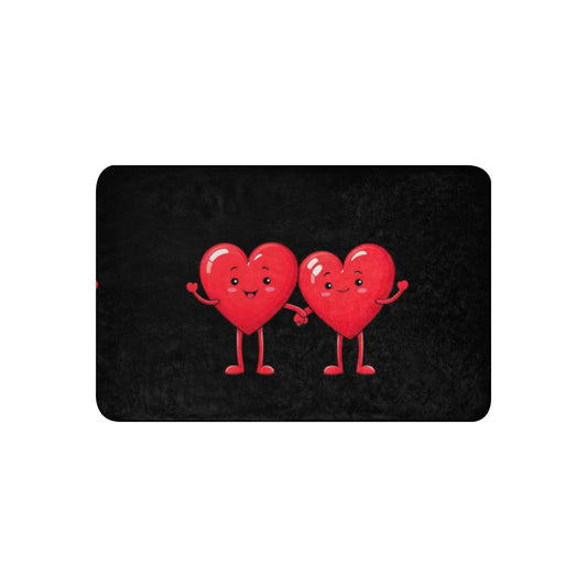 Rectangular black Sherpa Blanket – Better Together featuring two cartoon red hearts holding hands with happy faces and waving arms.