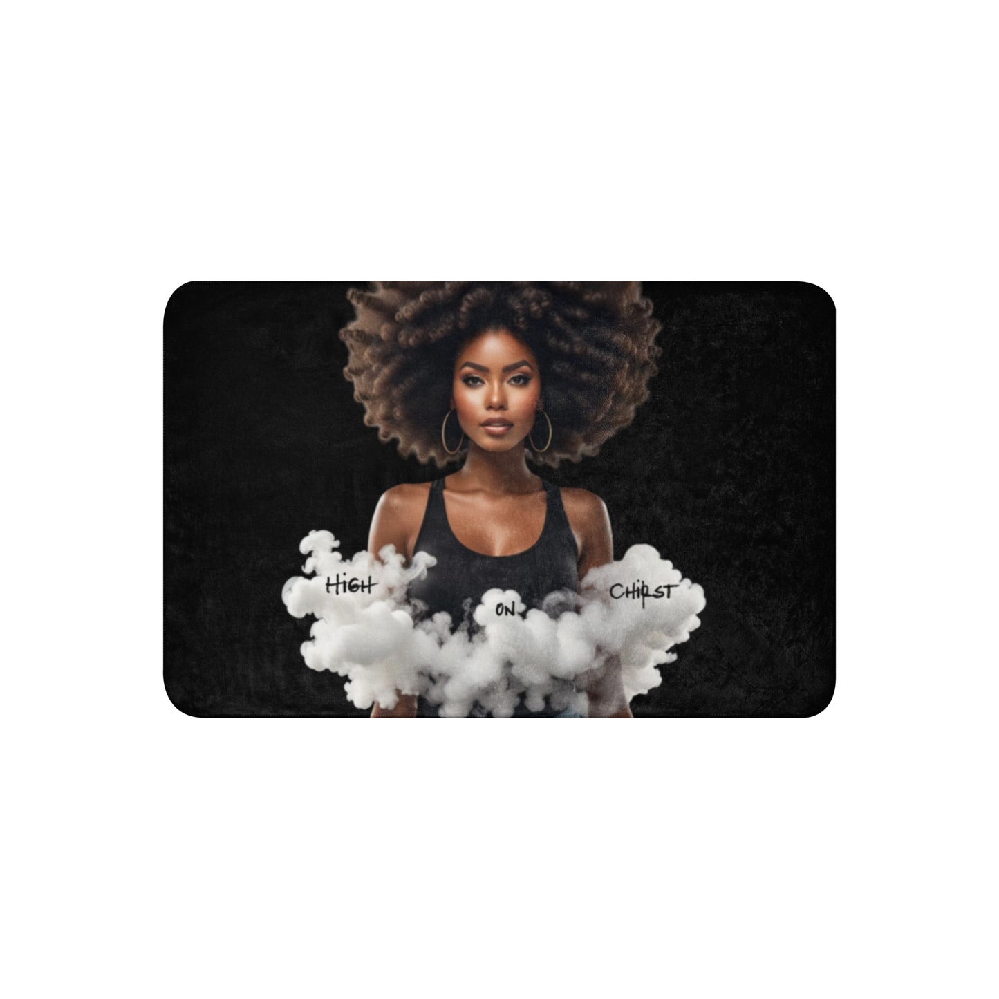 Close-up of a person with voluminous natural hair wearing a black tank top, surrounded by white clouds with the words Sherpa Blanket – High on Christ printed above the clouds.